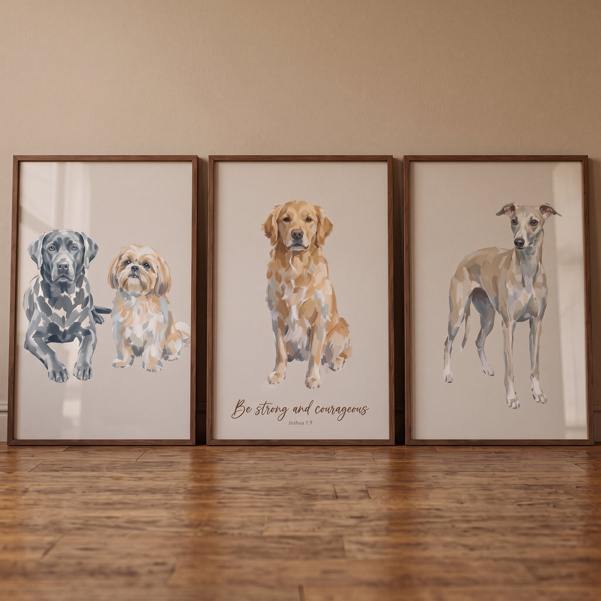 Painterly multi breed dogs wall art set of 3 featuring various breeds in brown frames on a wooden floor.