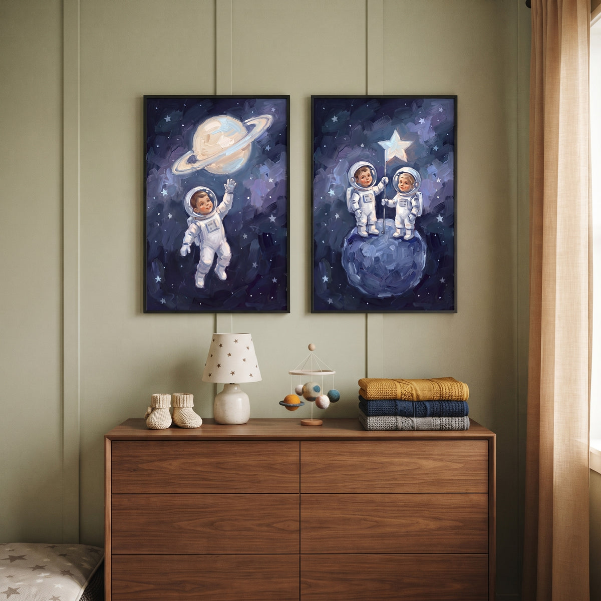 Painterly Navy Baby Astronaut Wall Art Set of 2 - Little Cosmic Voyagers