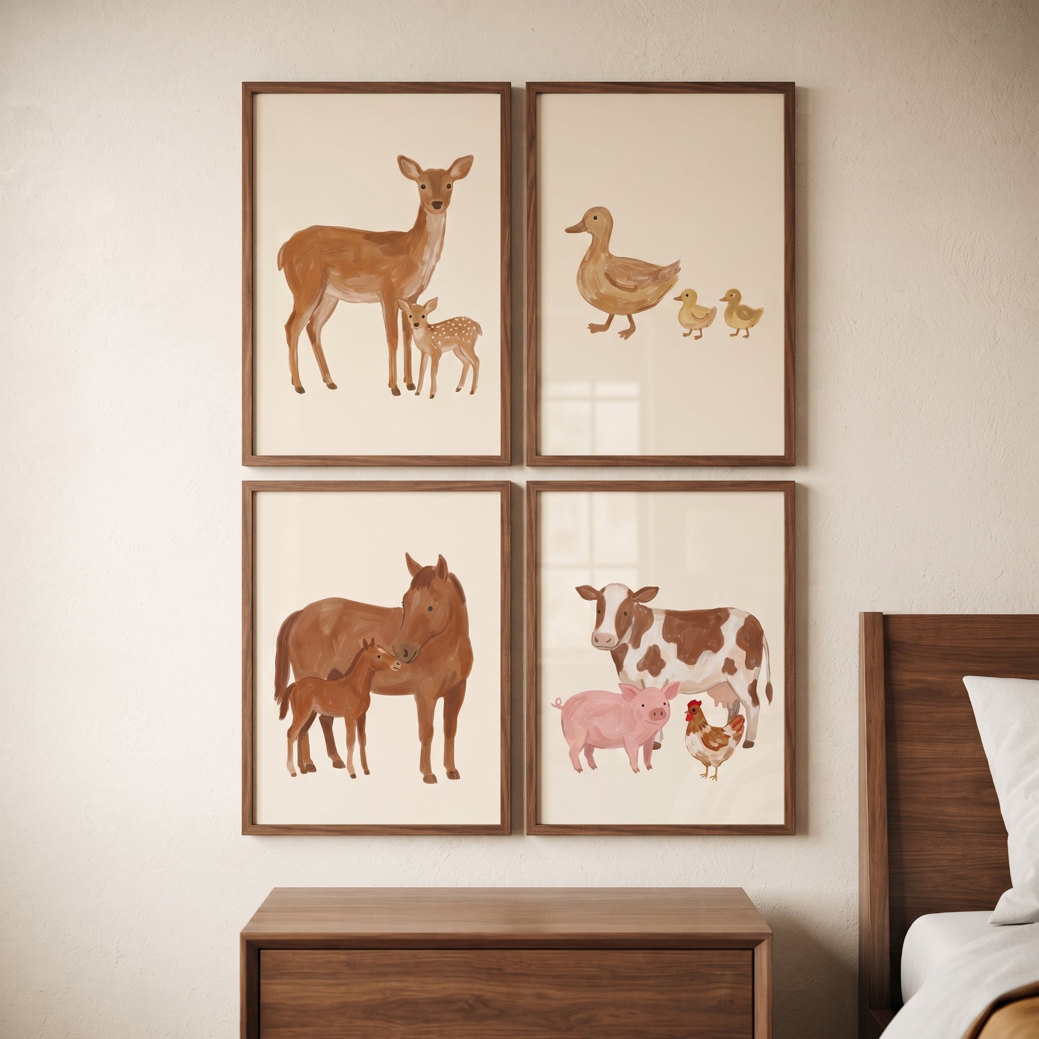 Painterly Neutral Baby Animals Wall Art Set of 4 - Sweet Animal Families