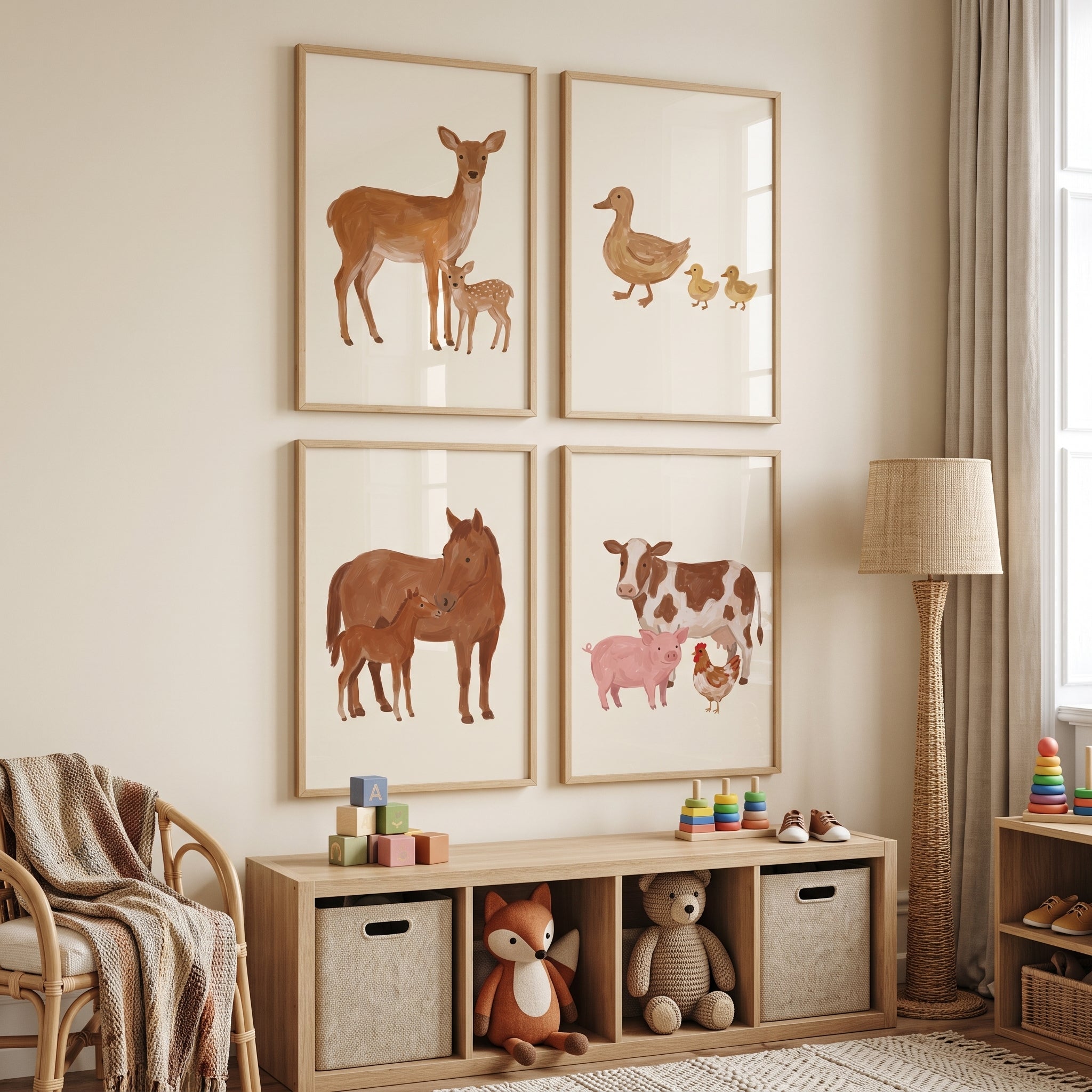 Painterly Neutral Baby Animals Wall Art Set of 4 - Sweet Animal Families