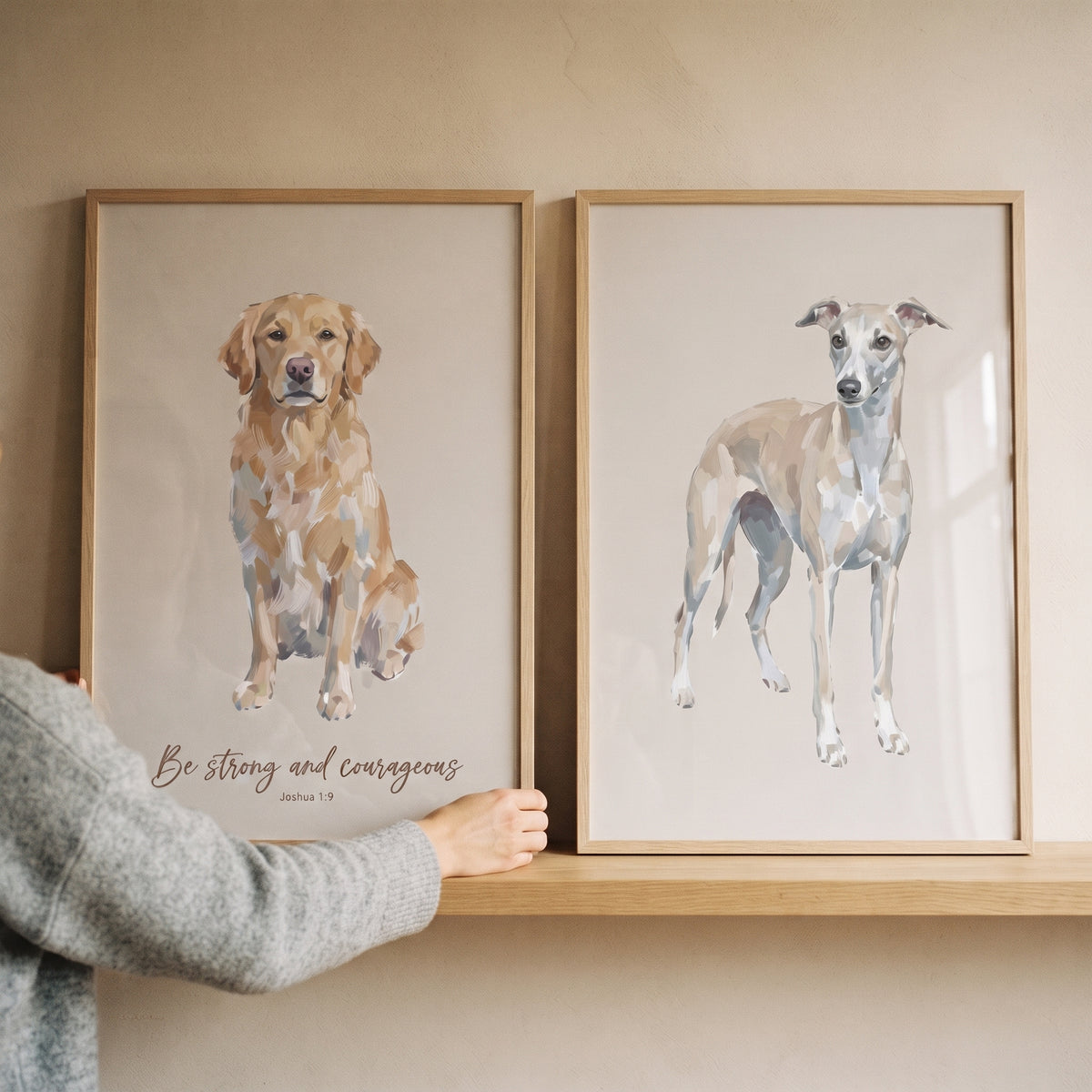 Painterly Neutral Beige Dog Wall Art Set of 2 - Brave Hound Verse
