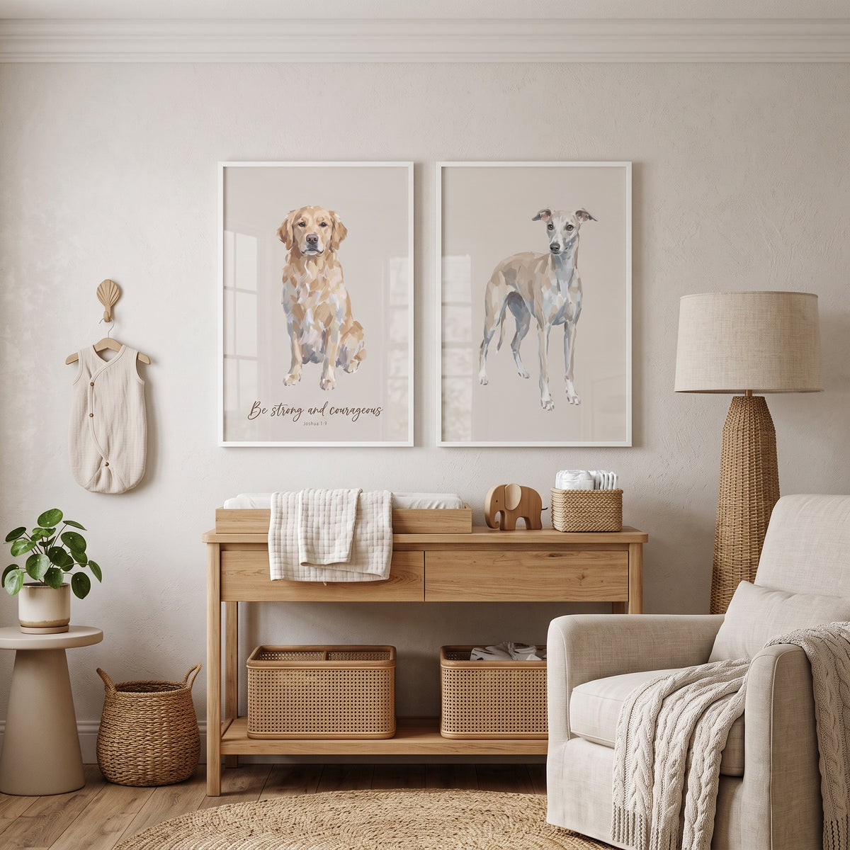 Painterly Neutral Beige Dog Wall Art Set of 2 - Brave Hound Verse