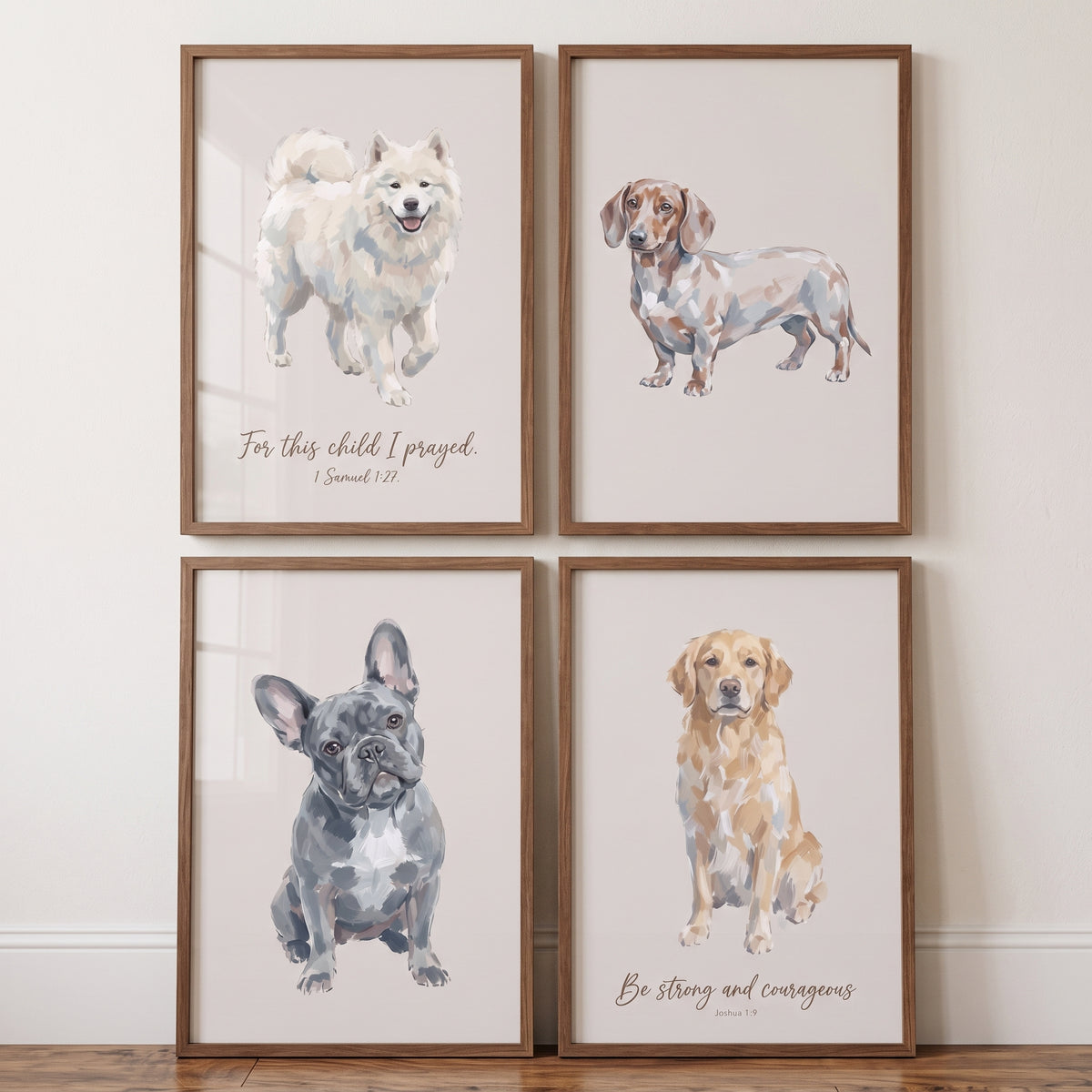 Painterly neutral beige dogs wall art set of 4 with scripture featuring Samoyed, dachshund, French bulldog, and retriever.