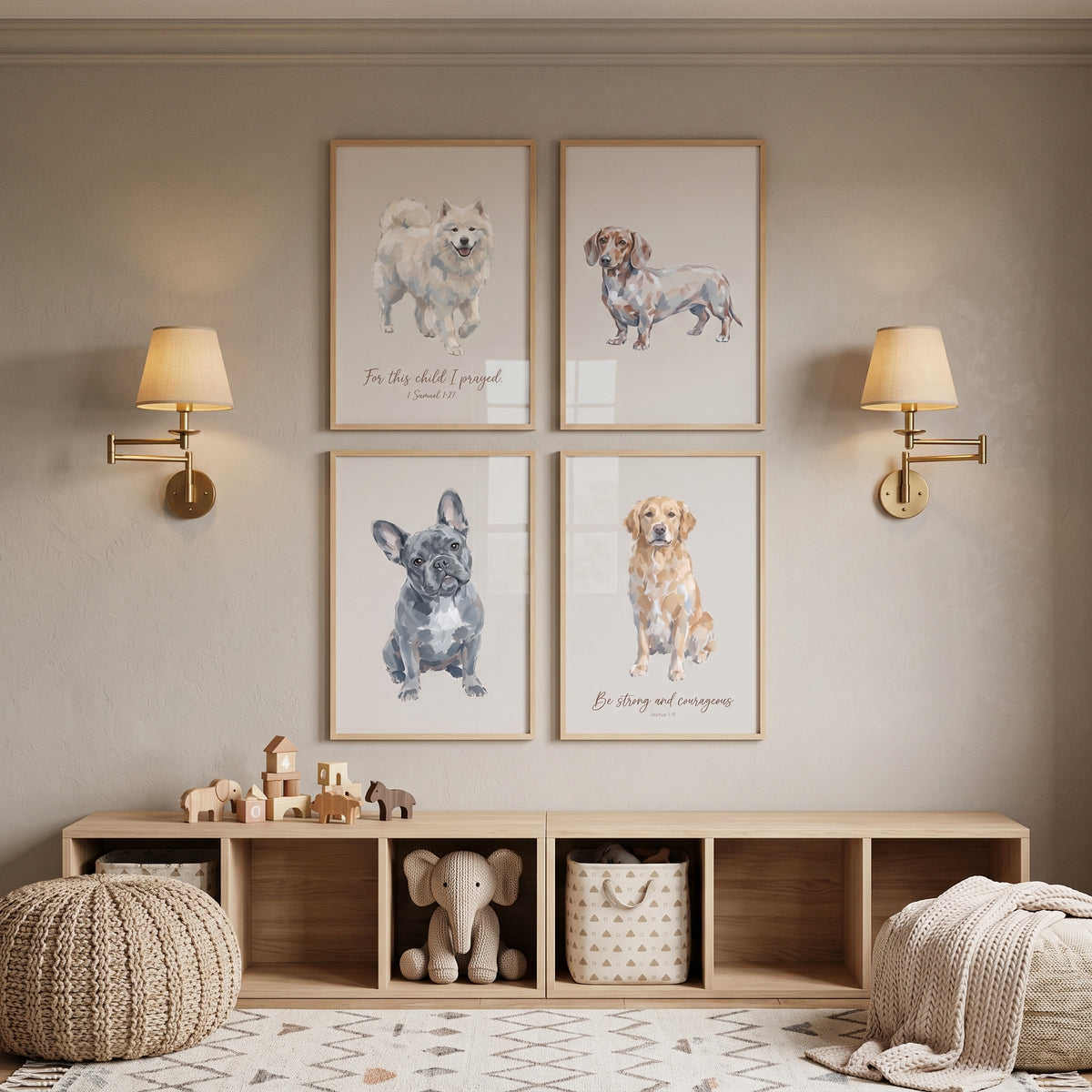 Painterly Neutral Beige Dogs Wall Art Set of 4 - Scripture Puppy Art