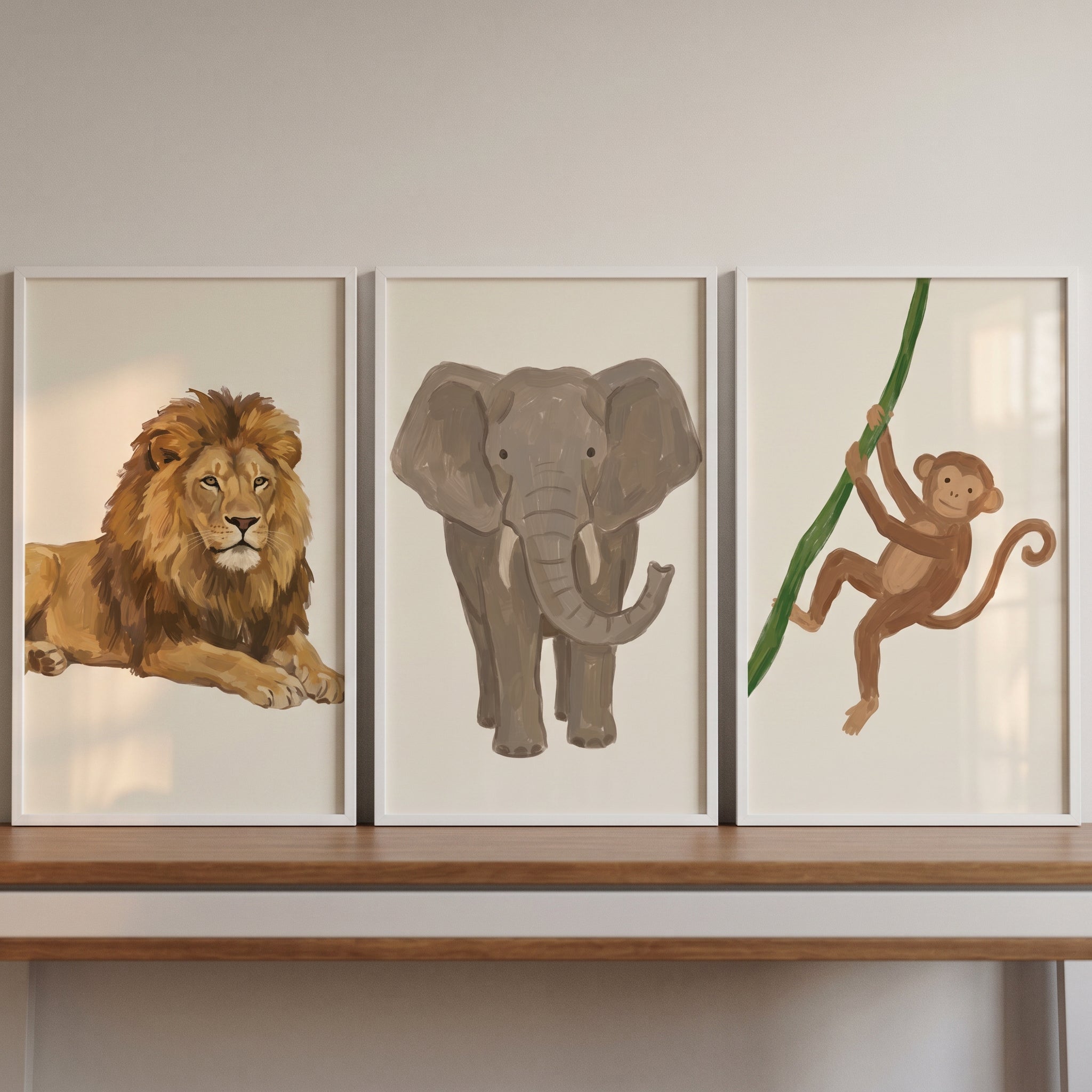 Painterly Neutral Safari Animals Wall Art Set of 3 - Wild Safari Friends