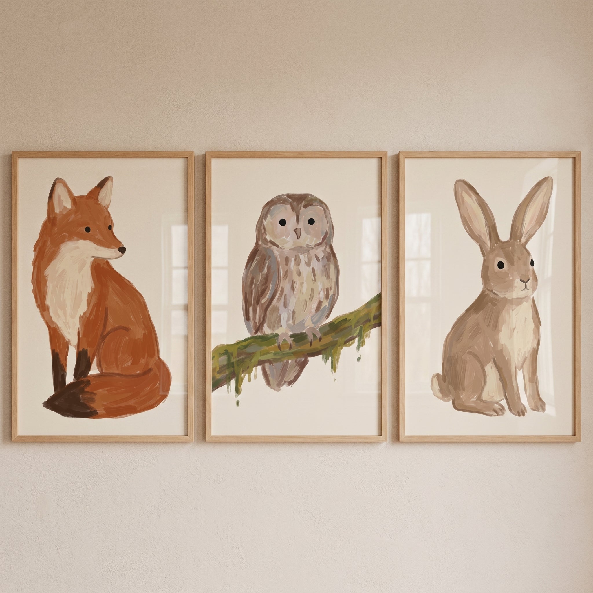 Painterly Neutral Woodland Animals Wall Art Set of 3 - Woodland Critter Trio
