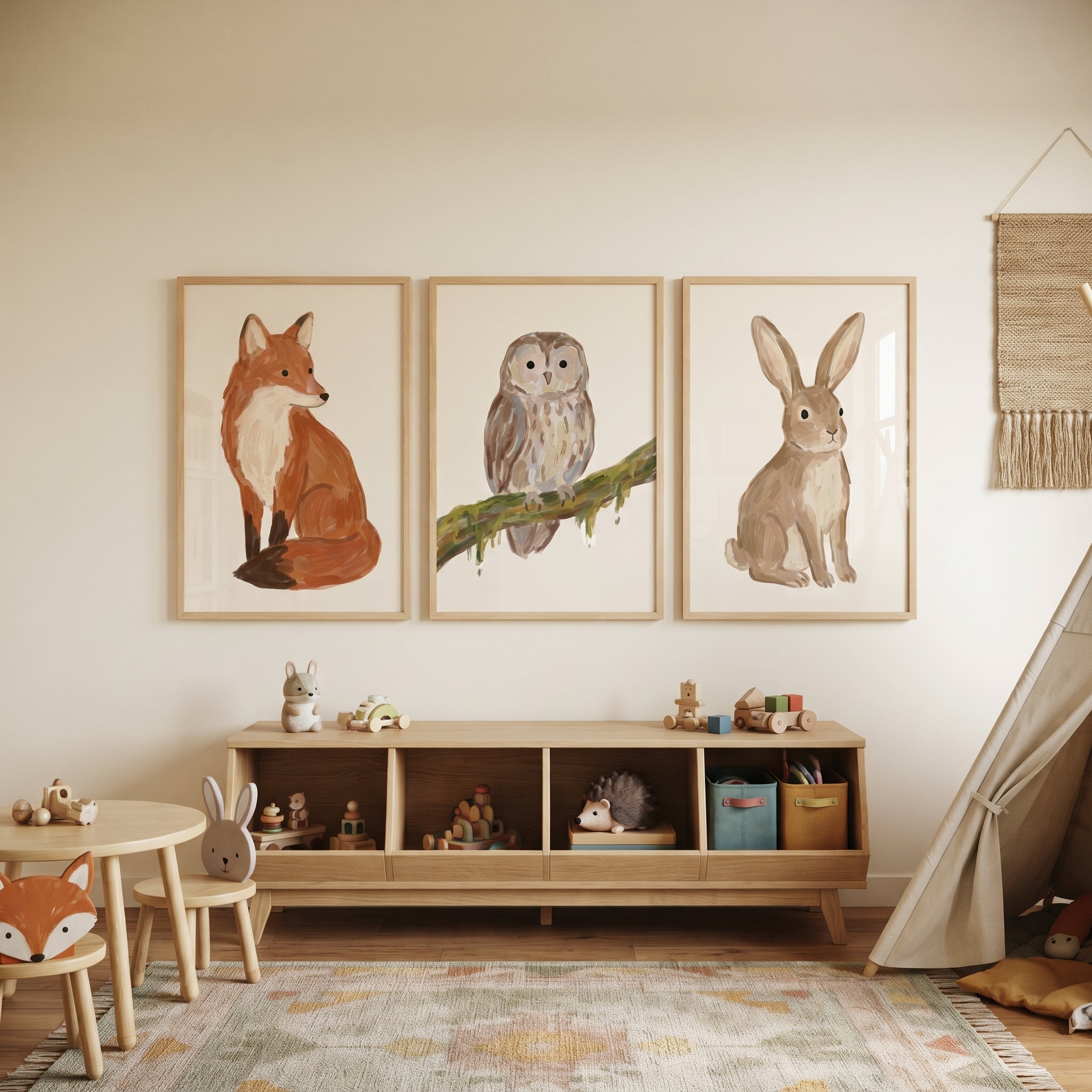Painterly Neutral Woodland Animals Wall Art Set of 3 - Woodland Critter Trio