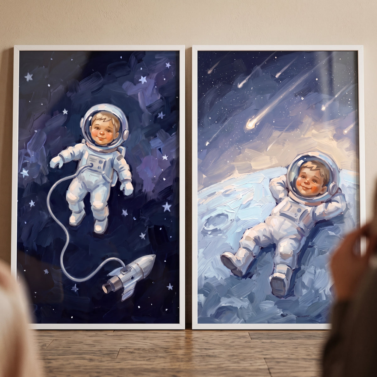 Painterly Night Baby Astronaut Wall Art Set of 2 - Cosmic Childhood Adventure