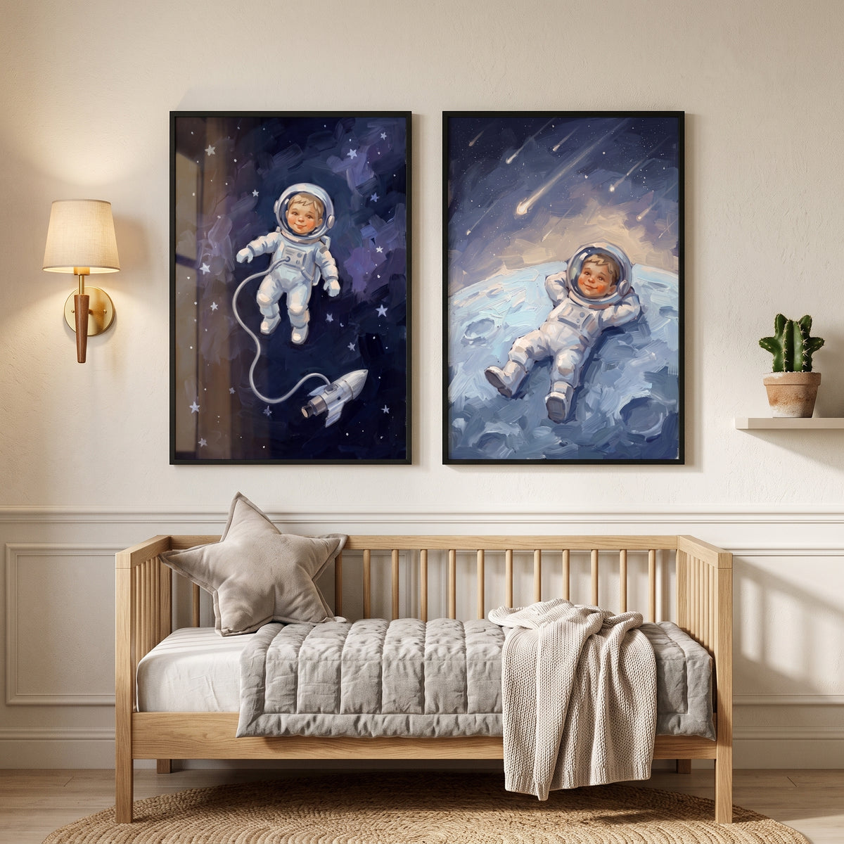 Painterly Night Baby Astronaut Wall Art Set of 2 - Cosmic Childhood Adventure