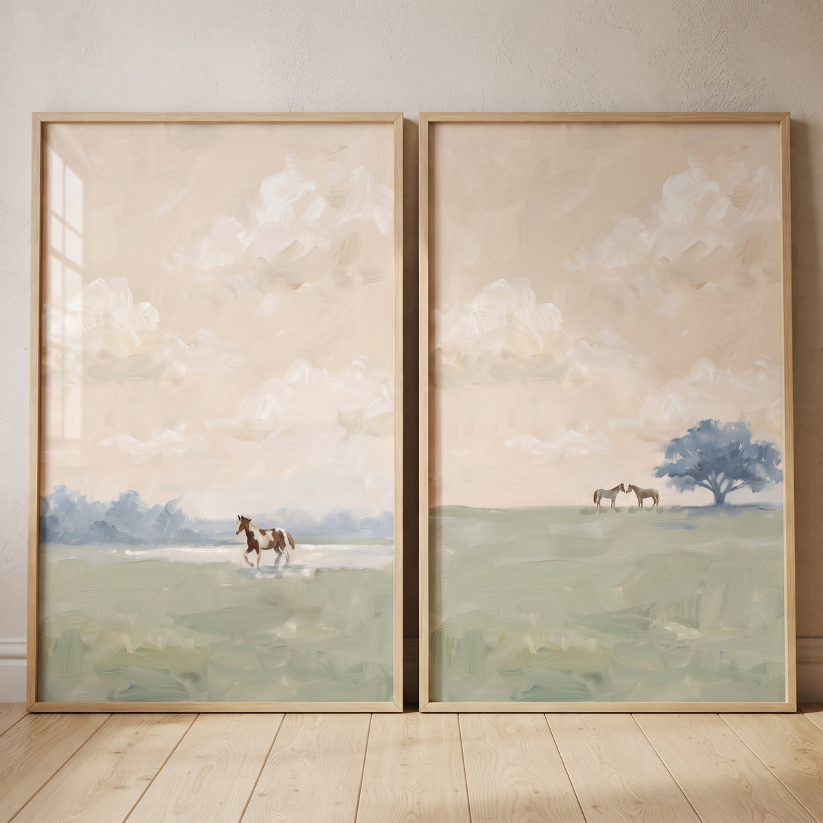 Painterly Olive Field Horse Wall Art Set of 2 - Pastel Horse Fields