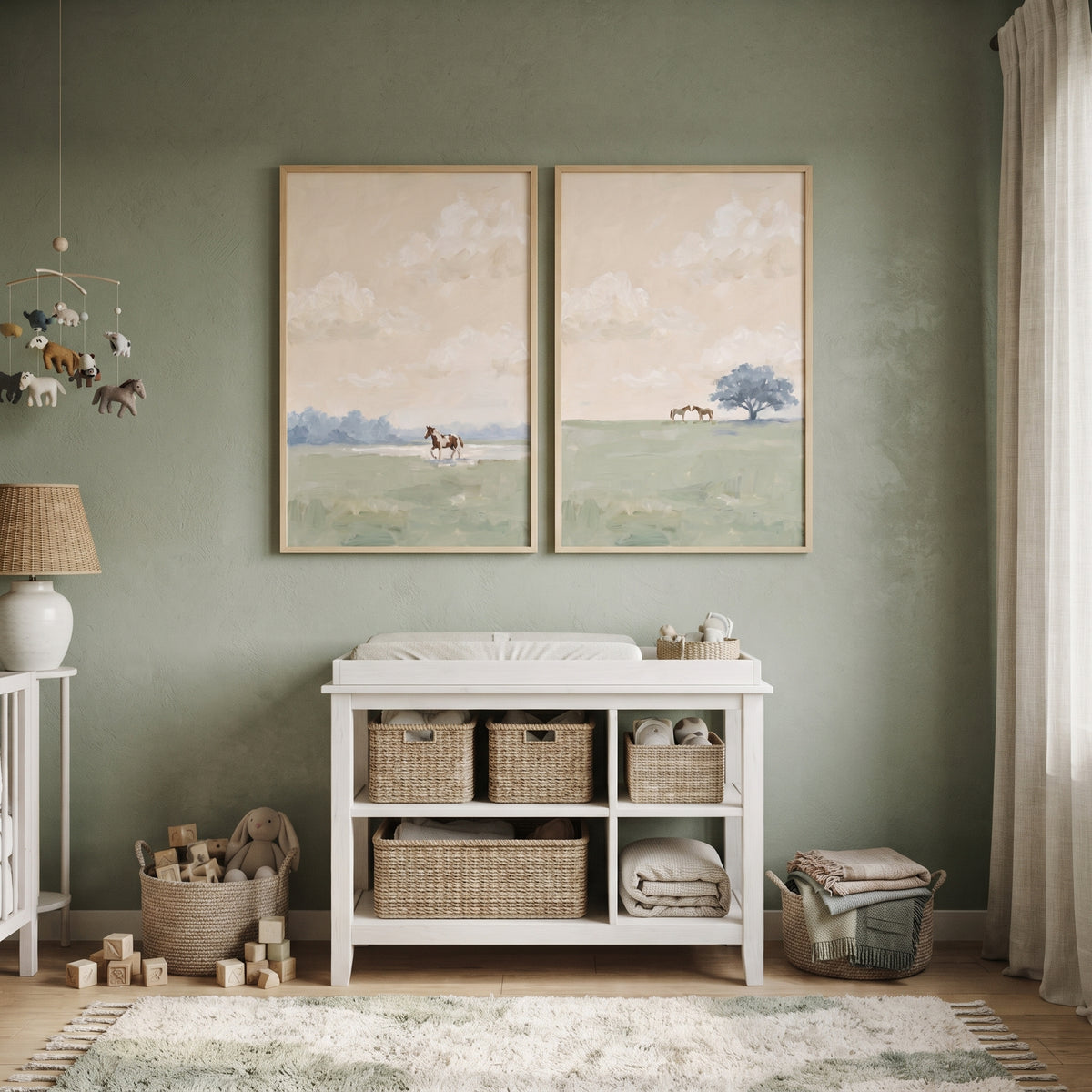Painterly Olive Field Horse Wall Art Set of 2 - Pastel Horse Fields