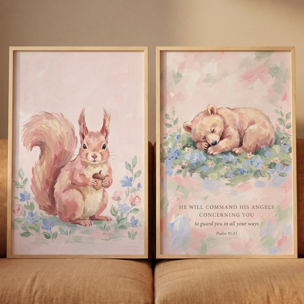 Painterly pastel forest animals wall art set of 2 featuring a squirrel and a sleeping bear cub with Psalm 91:11 text.