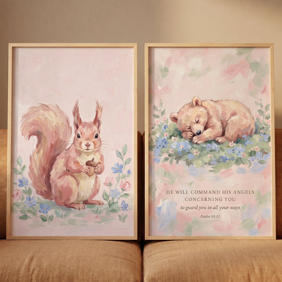 Painterly pastel forest animals wall art set of 2 featuring a squirrel and a sleeping bear cub with Psalm 91:11 text.