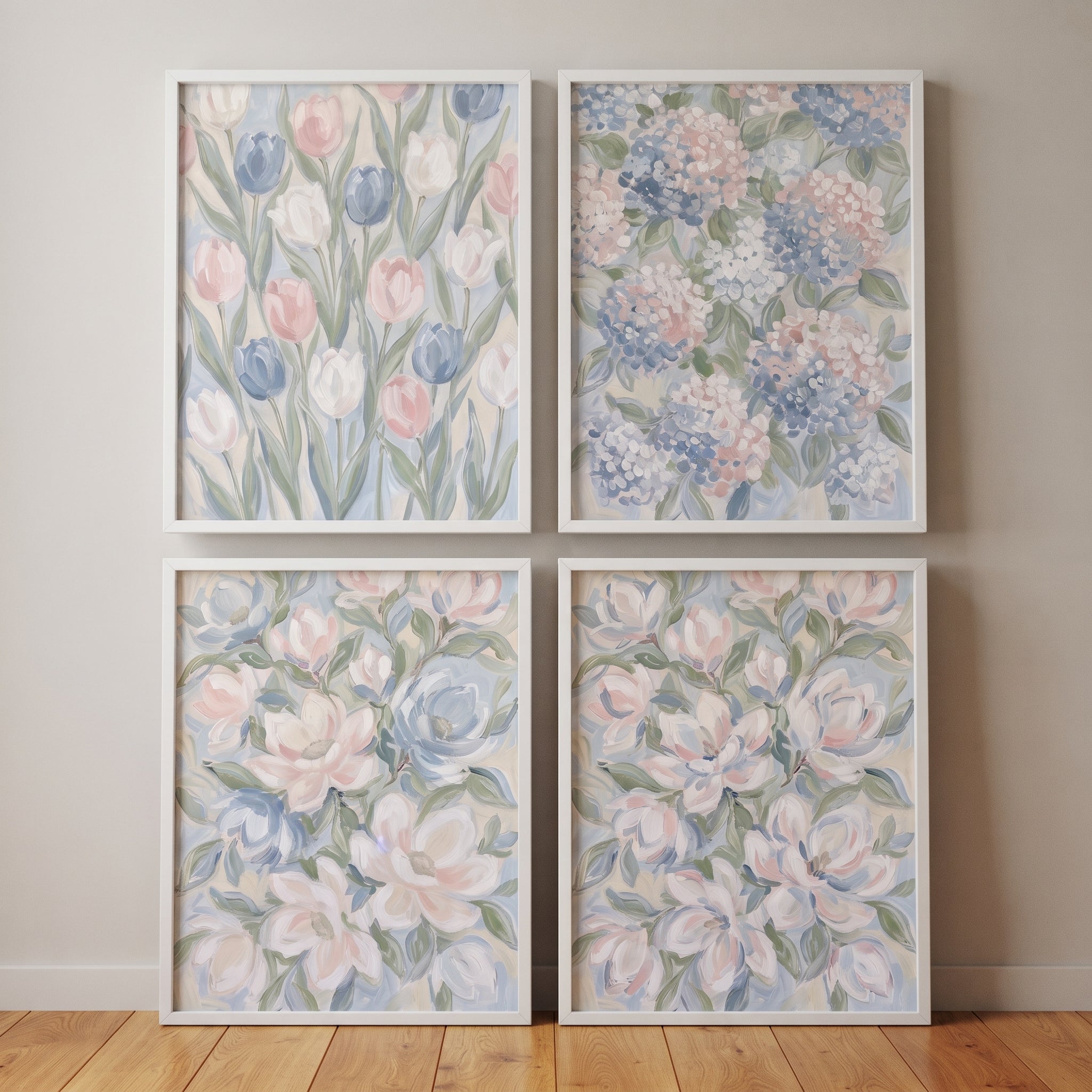 Painterly Pastel Garden Floral Wall Art Set of 4 - Pastel Petal Dreams