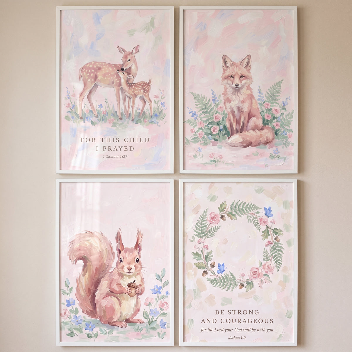 A painterly pastel woodland animals print set of 4 featuring a deer, fox, squirrel, and floral wreath with scripture.