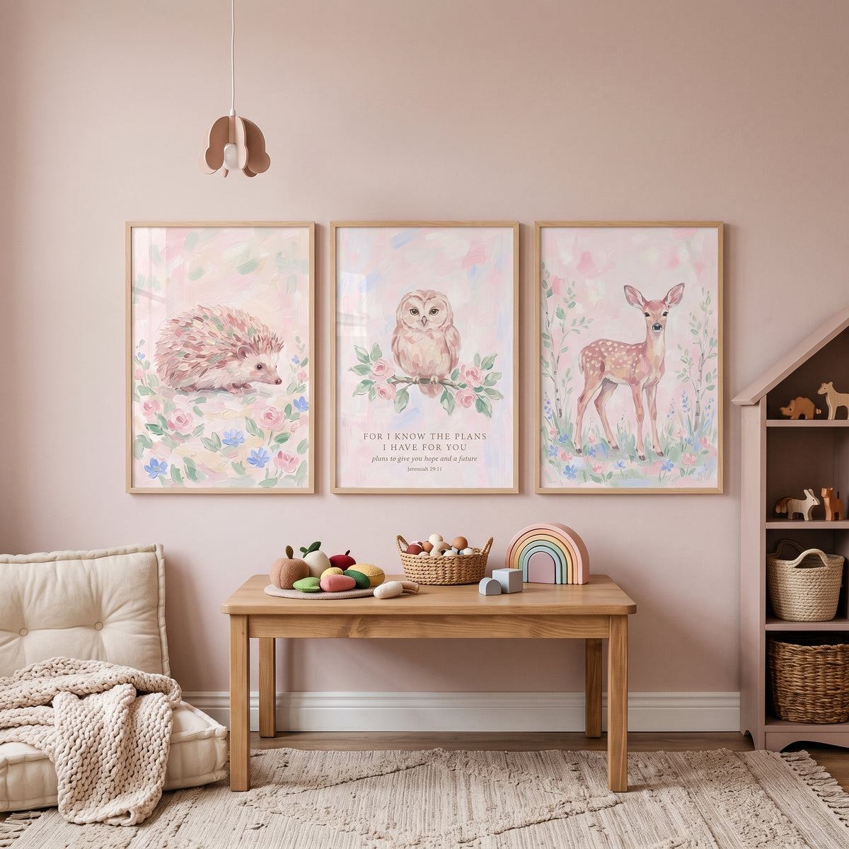 Painterly Peony Garden Forest Animals Artwork Set of 3 - Sweet Scripture Friends
