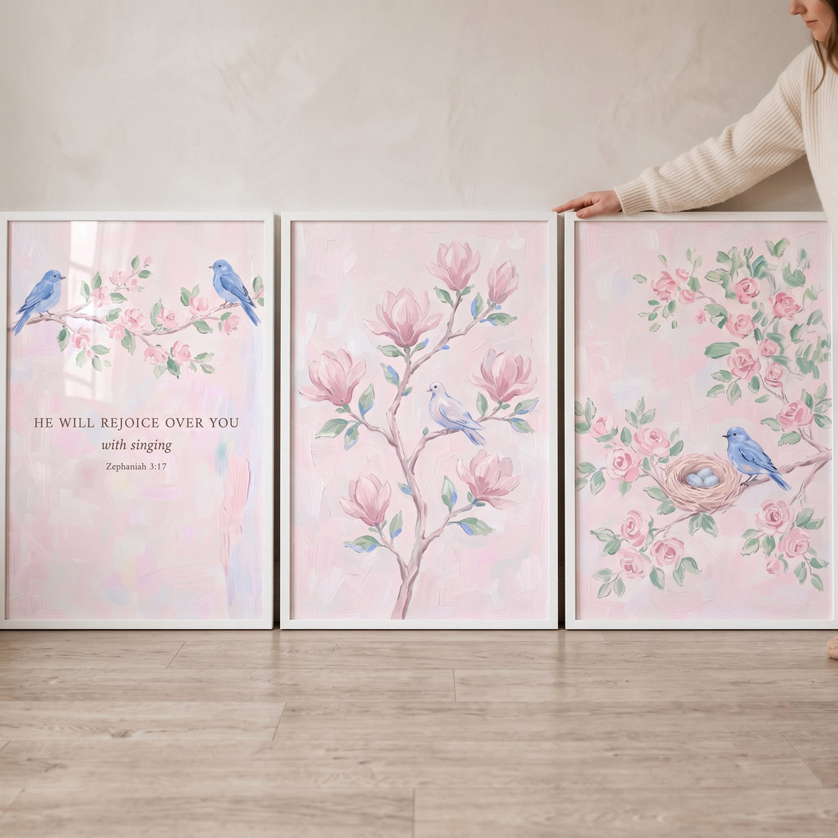 Painterly pink blossom bird wall art set of 3 featuring blue birds, branches, and a Bible verse from Zephaniah.