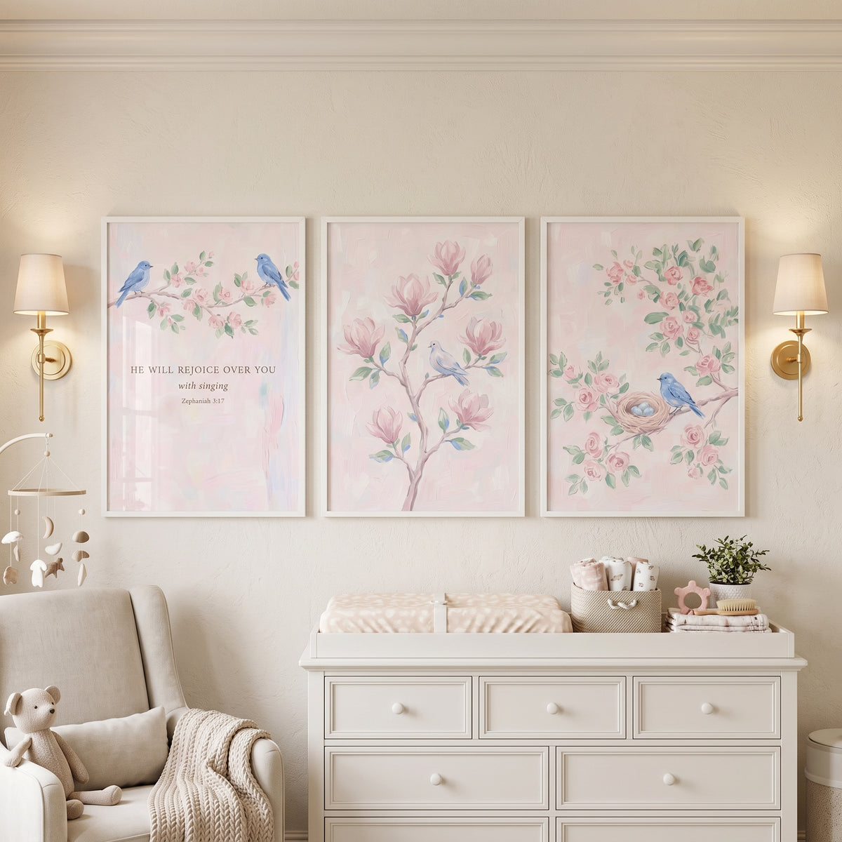 Painterly Pink Blossom Bird Wall Art Set of 3 - Singing Bluebird Grace