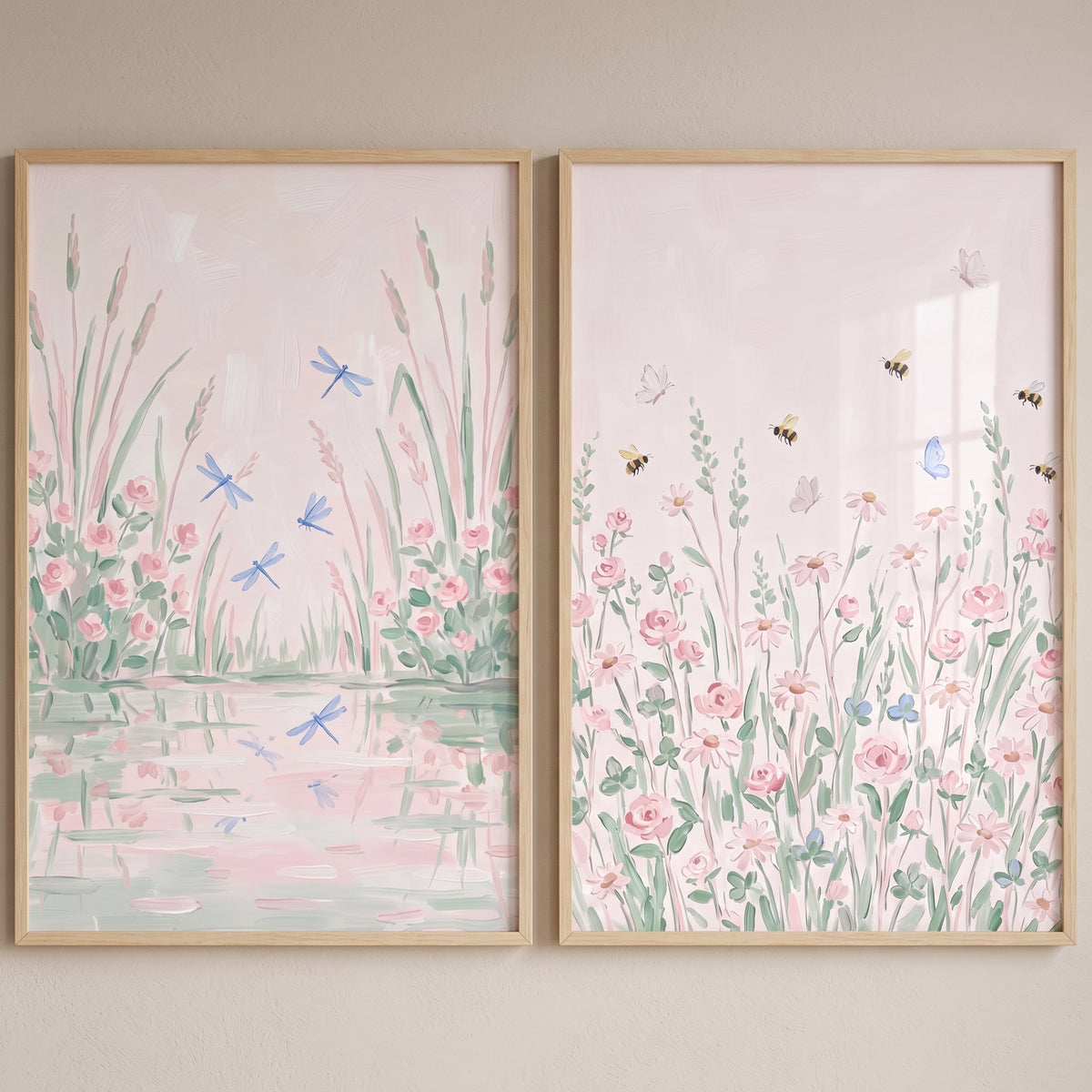 Painterly Pink Flower Wall Art Set of 2 - Pastel Nature Bliss