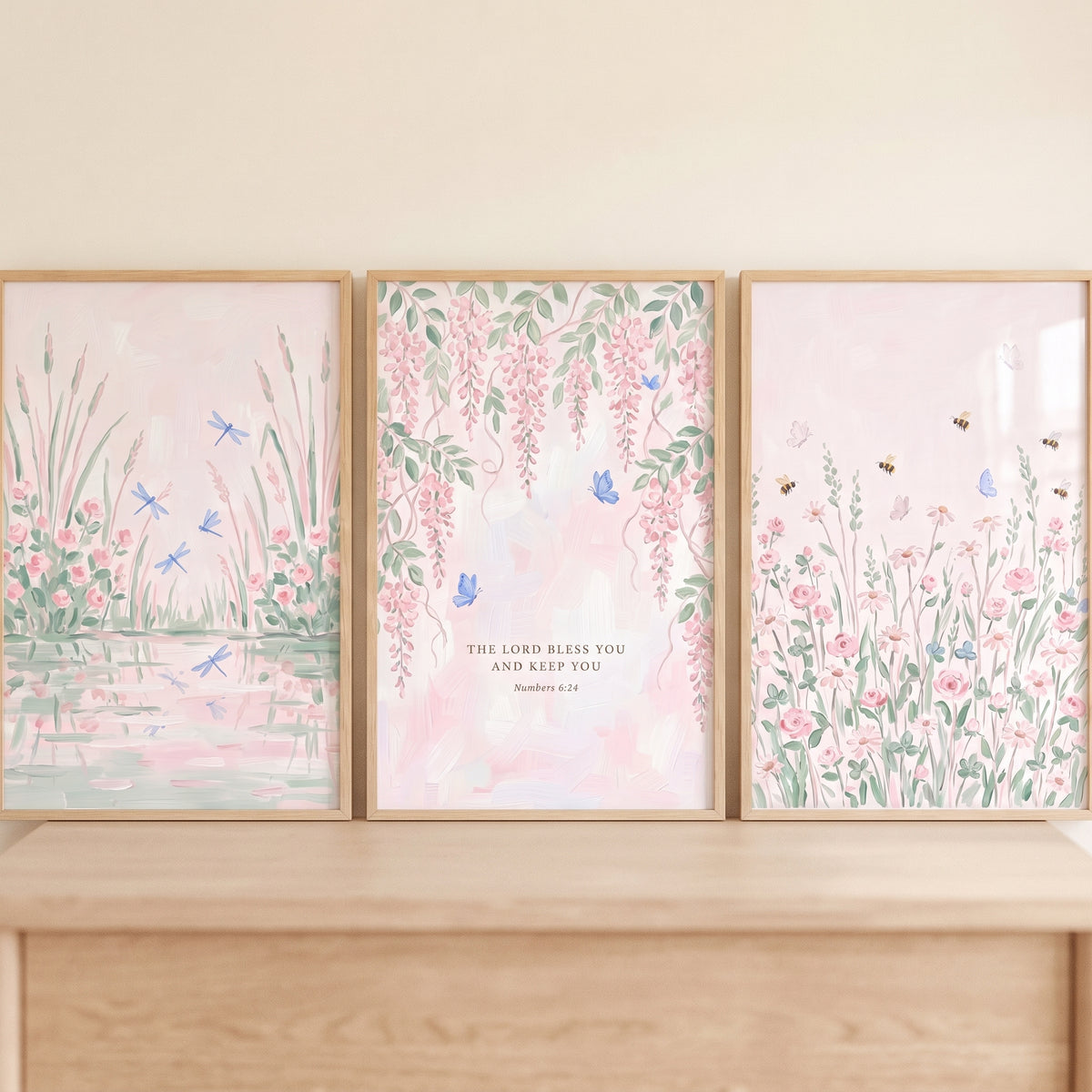 Painterly Pink Garden Wall Art Set of 3 - Heavenly Nature Grace