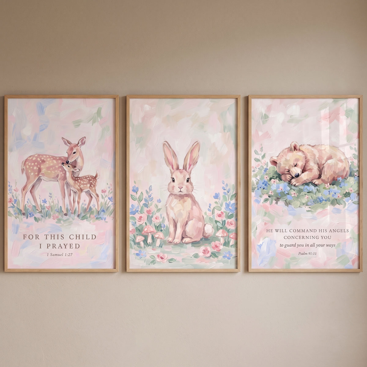 Painterly pink meadow animals wall art set of 3 featuring a doe and fawn, bunny, and sleeping bear cub with Bible verses.