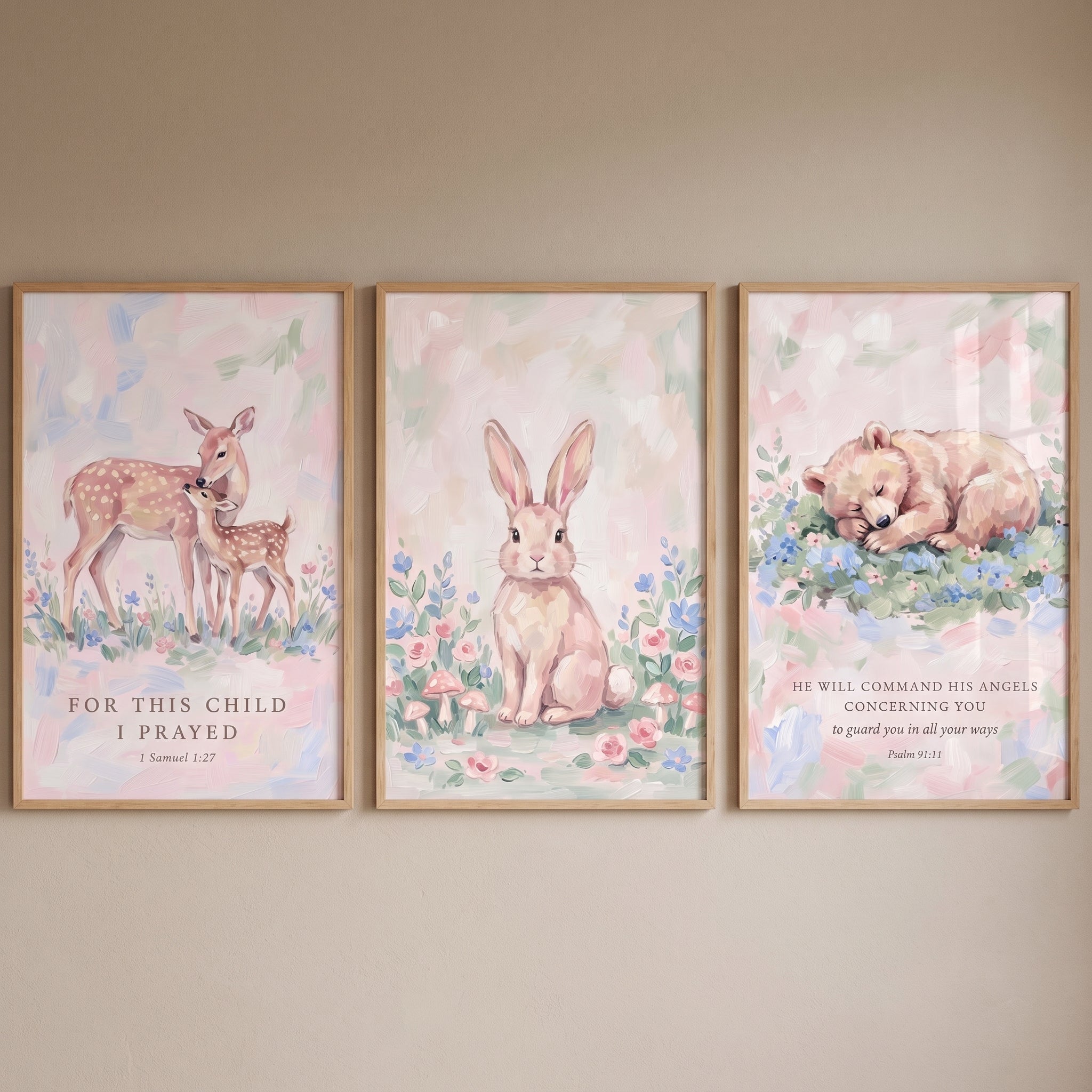 Painterly Pink Meadow Animals Wall Art Set of 3 - Blessed Nursery Art