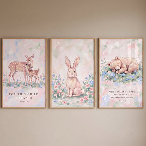 Painterly pink meadow animals wall art set of 3 featuring a doe and fawn, bunny, and sleeping bear cub with Bible verses.