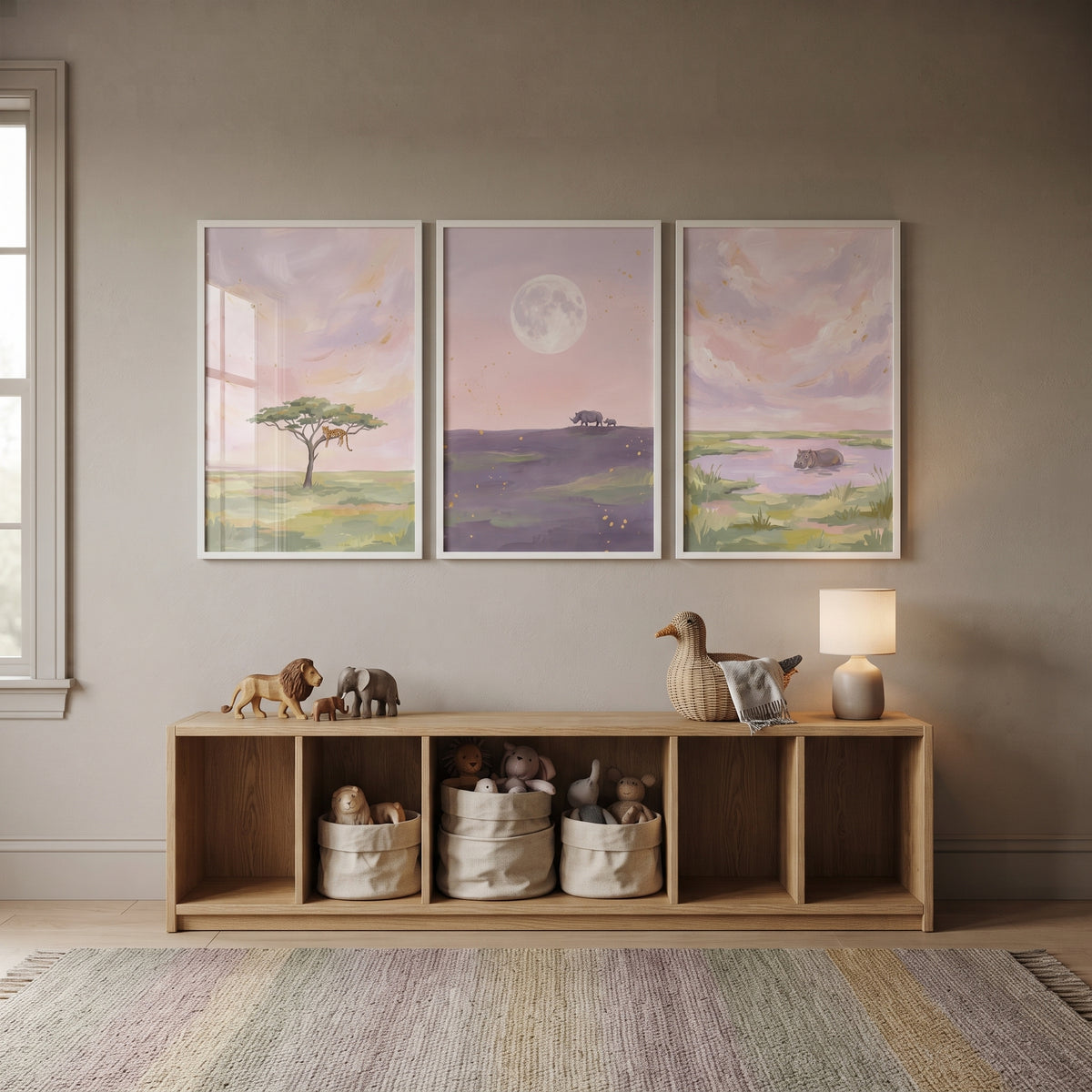 Painterly Pink Safari Animals Wall Art Set of 3 - Pastel Savanna Dreams