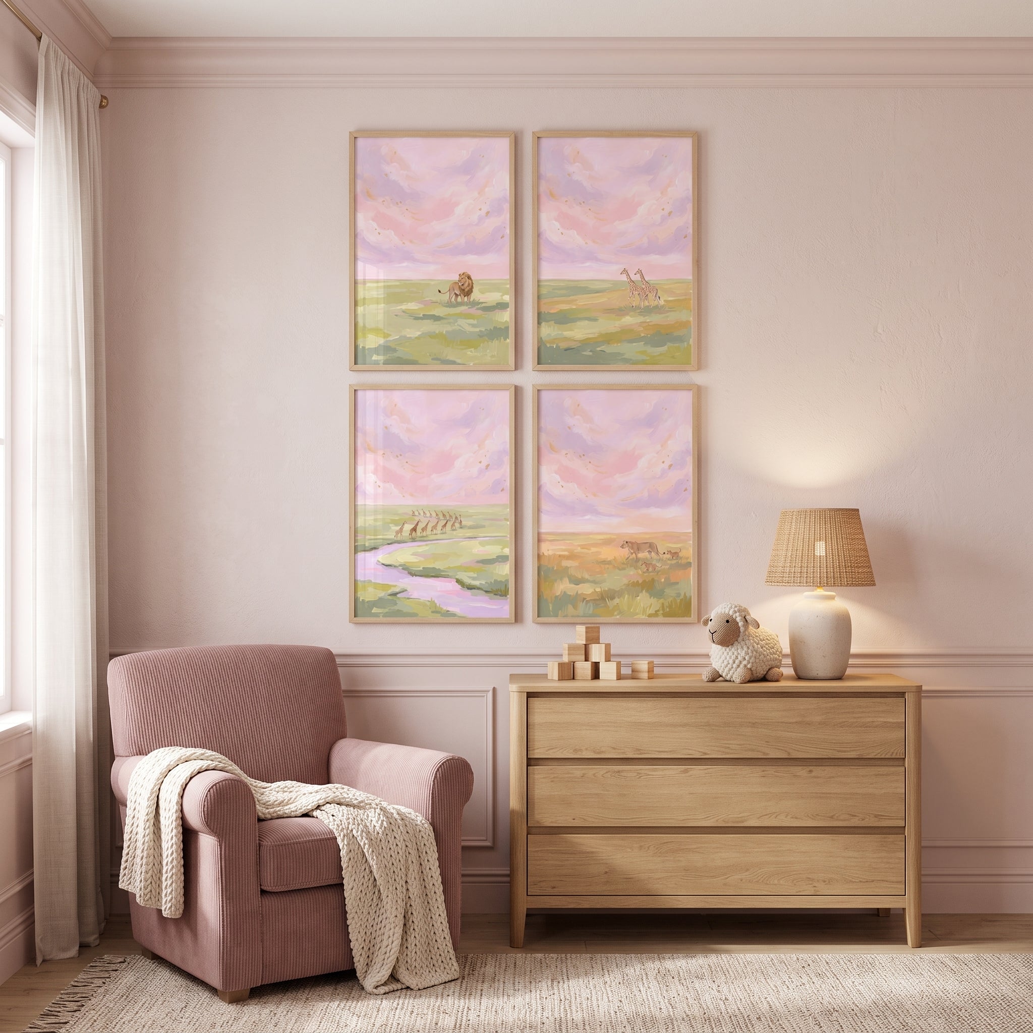 Painterly Pink Savanna Animals Wall Art Set of 4 - Serene Savanna Life