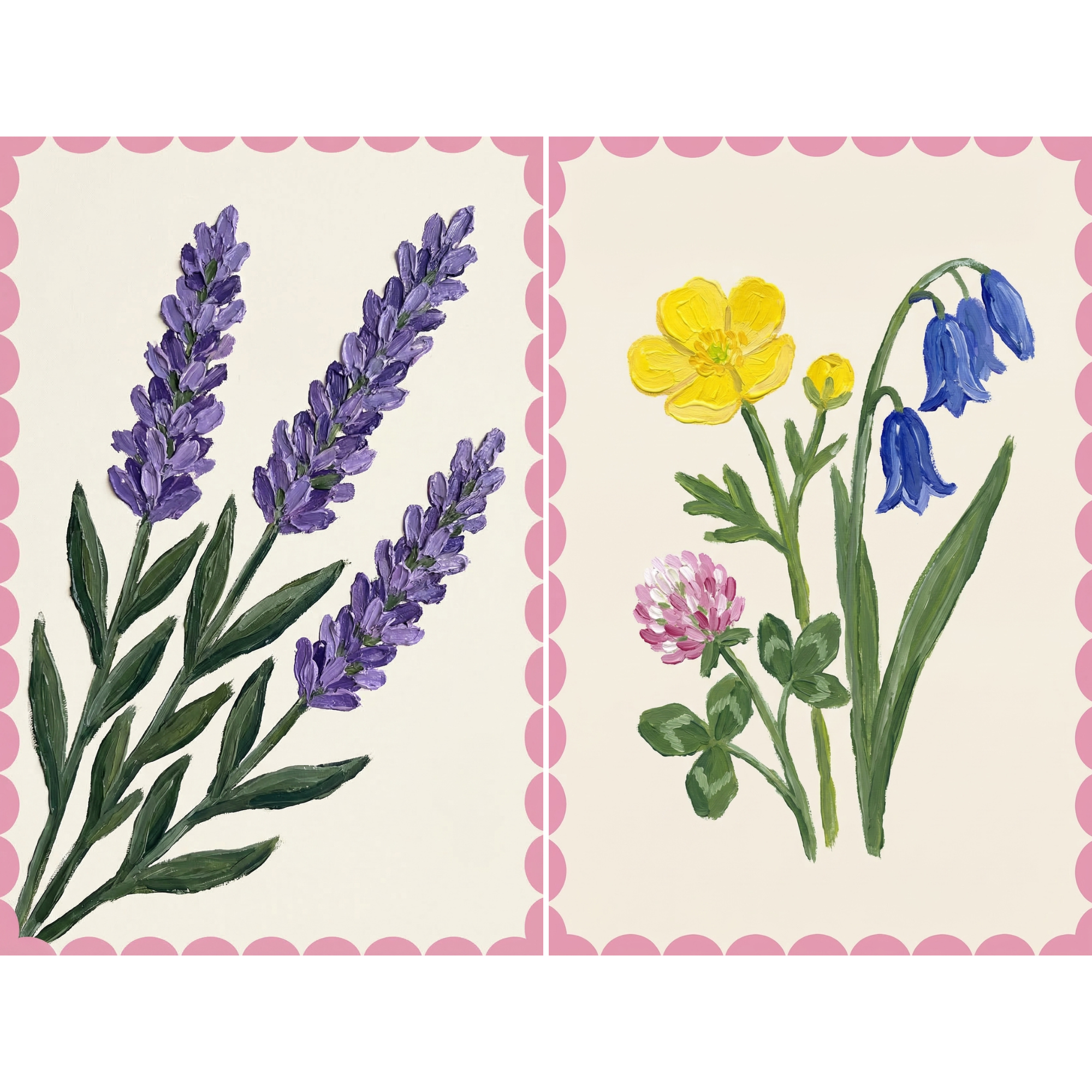 Painterly Pink Scalloped Wildflower Wall Art Set of 2 - Garden Blossom Duo