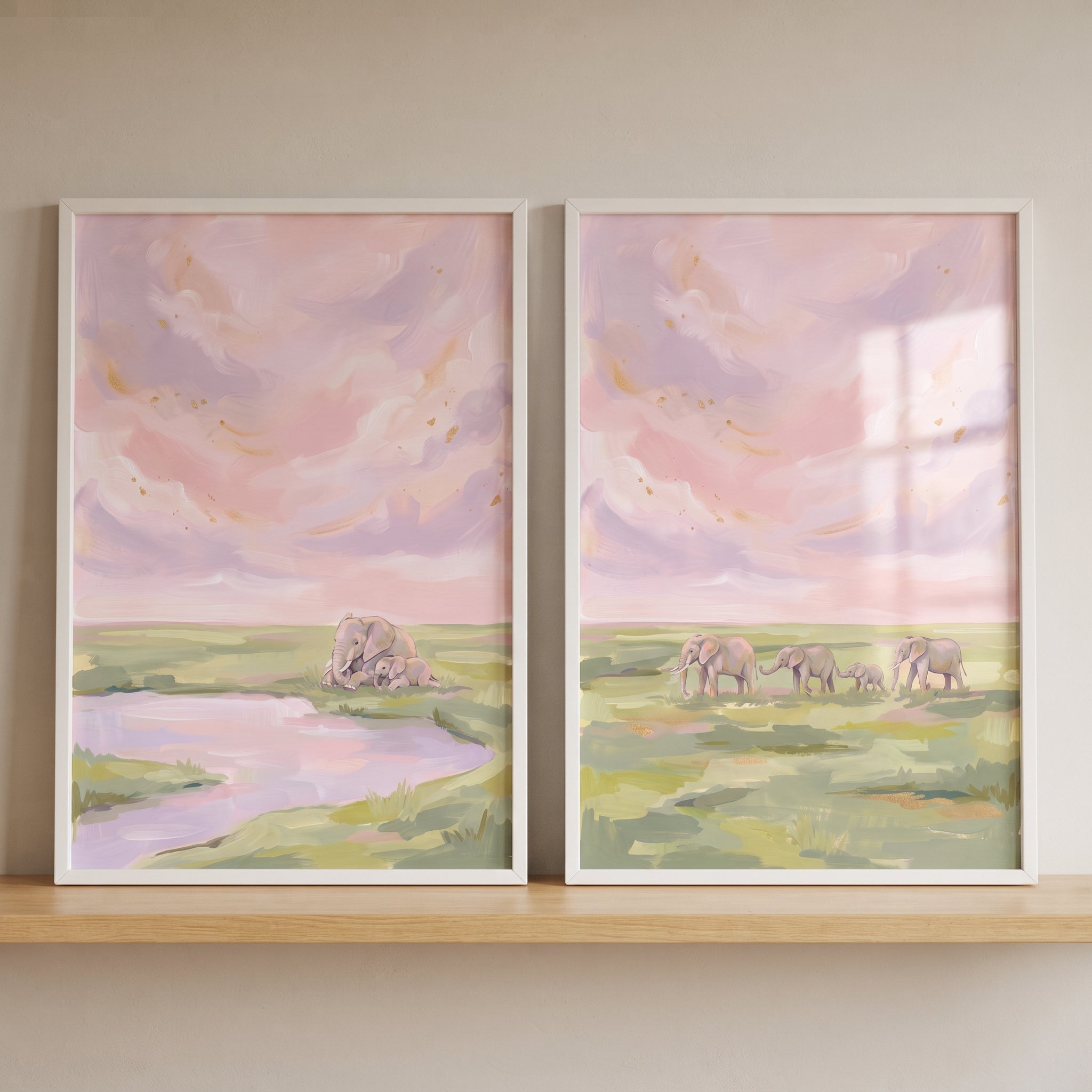 Painterly Pink Sky Elephant Wall Art Set of 2 - Pastel Elephant Family