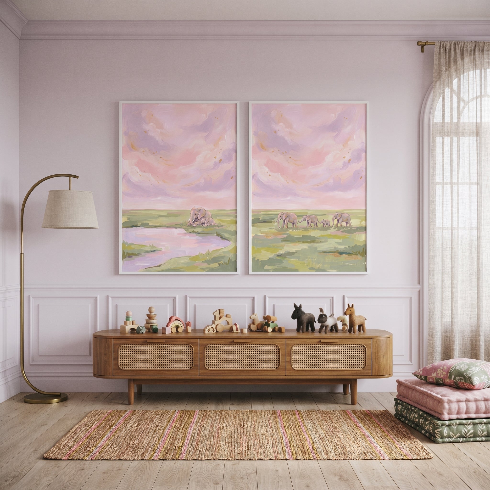 Painterly Pink Sky Elephant Wall Art Set of 2 - Pastel Elephant Family