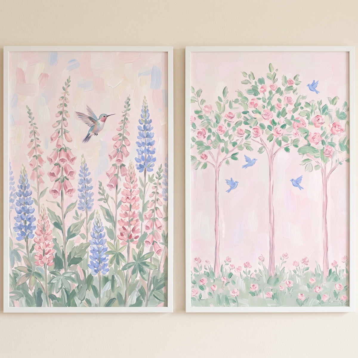Painterly pink spring garden wall art set of 2 featuring hummingbirds, blue birds, foxgloves, and flowering trees.