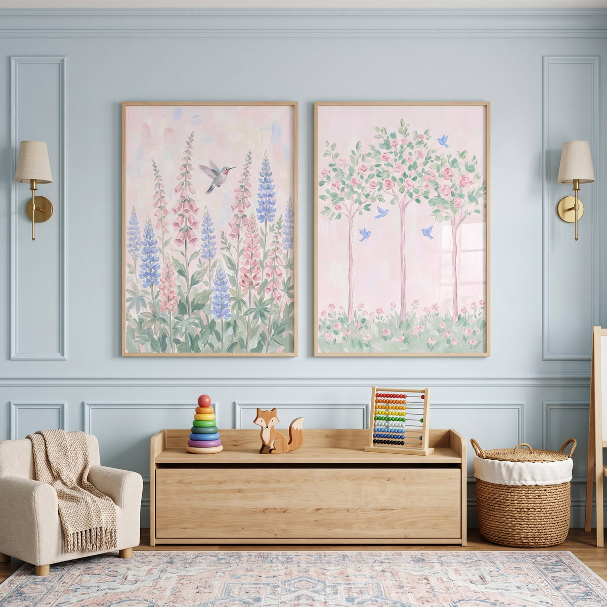 Painterly Pink Spring Garden Wall Art Set of 2 - Whimsical Songbird Meadow