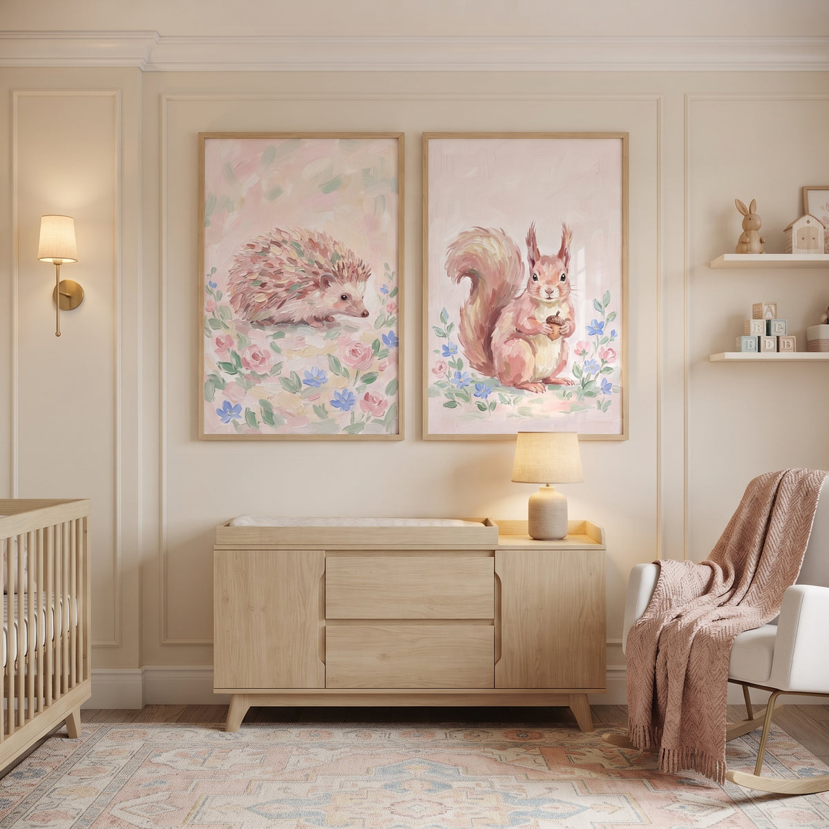 Painterly Pink Woodland Animals Wall Art Set of 2 - Whimsical Garden Pair