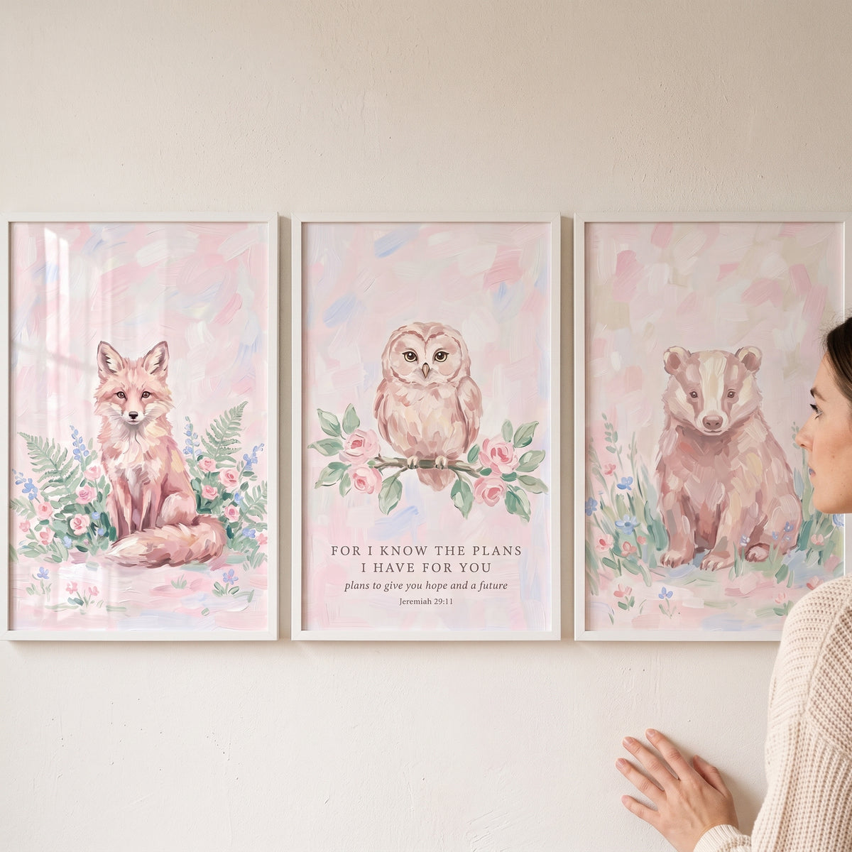 Painterly pink woodland animals wall art set of 3 featuring a fox, an owl with a Bible verse, and a badger.
