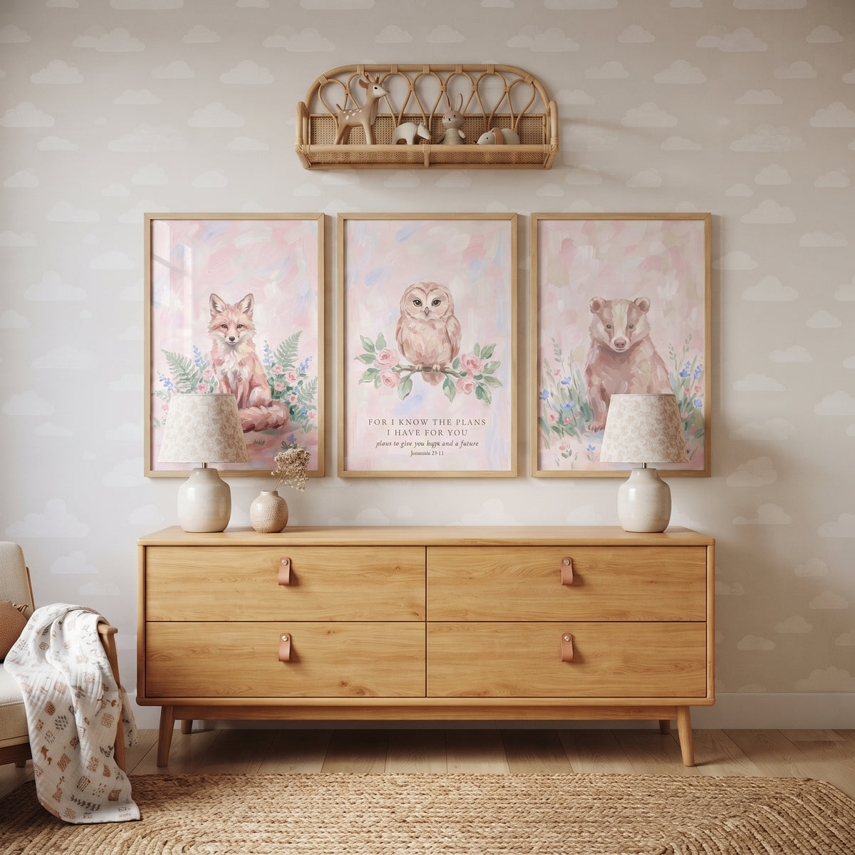 Painterly Pink Woodland Animals Wall Art Set of 3 - Woodland Hope Trio