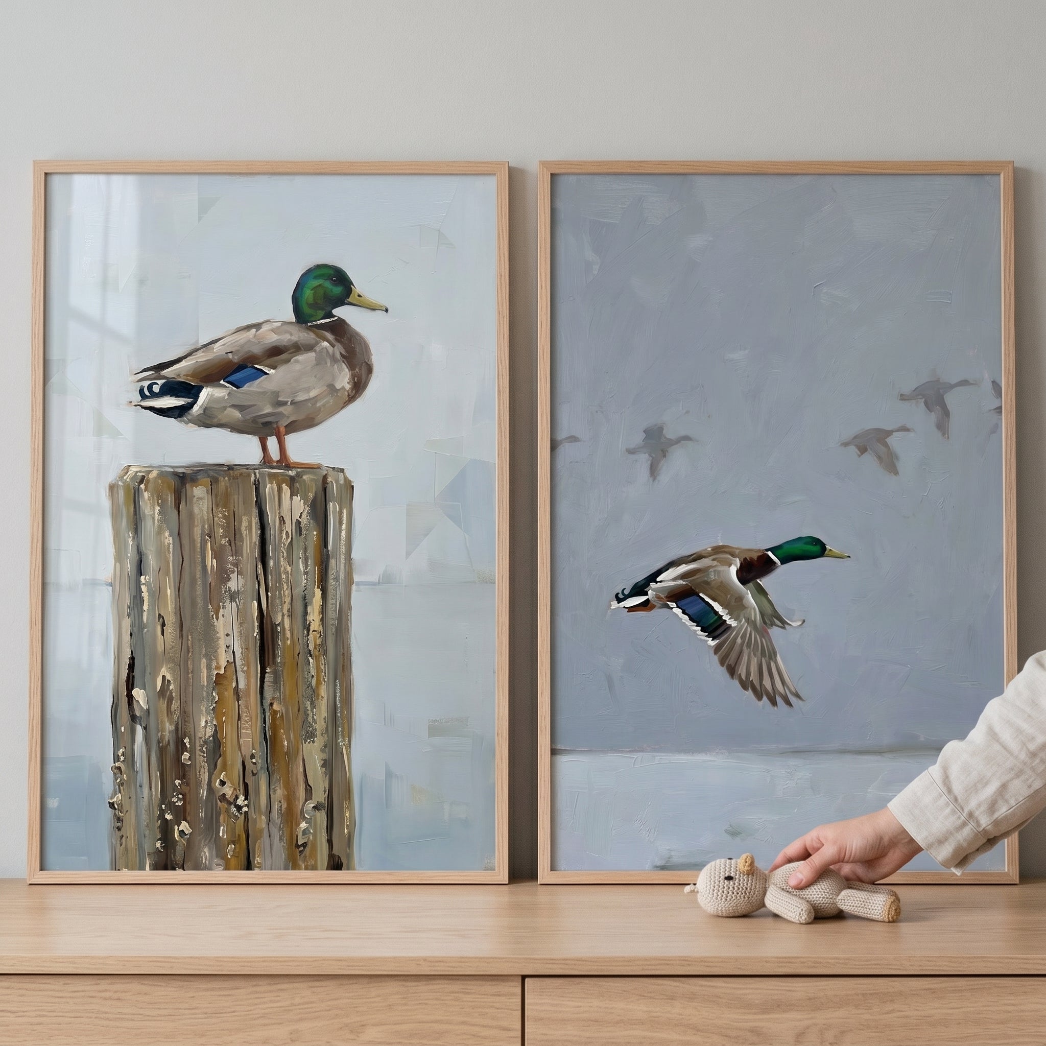 Painterly Rustic Mallard Duck Wall Art Set of 2 - Mallard Flight Path