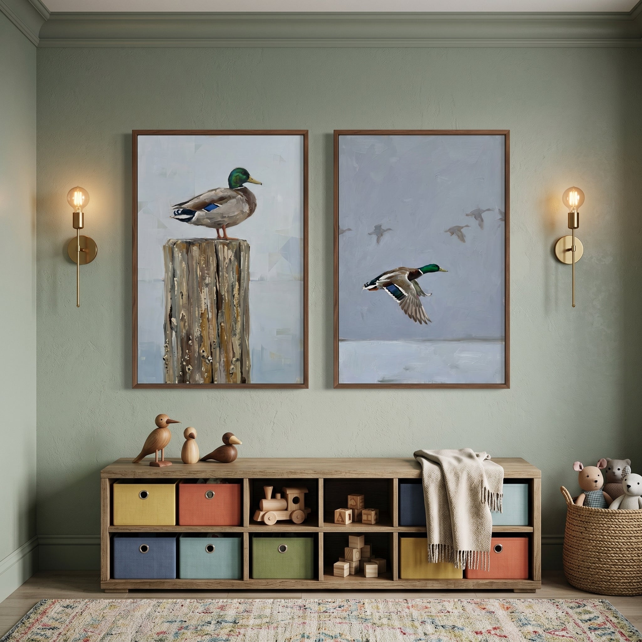 Painterly Rustic Mallard Duck Wall Art Set of 2 - Mallard Flight Path