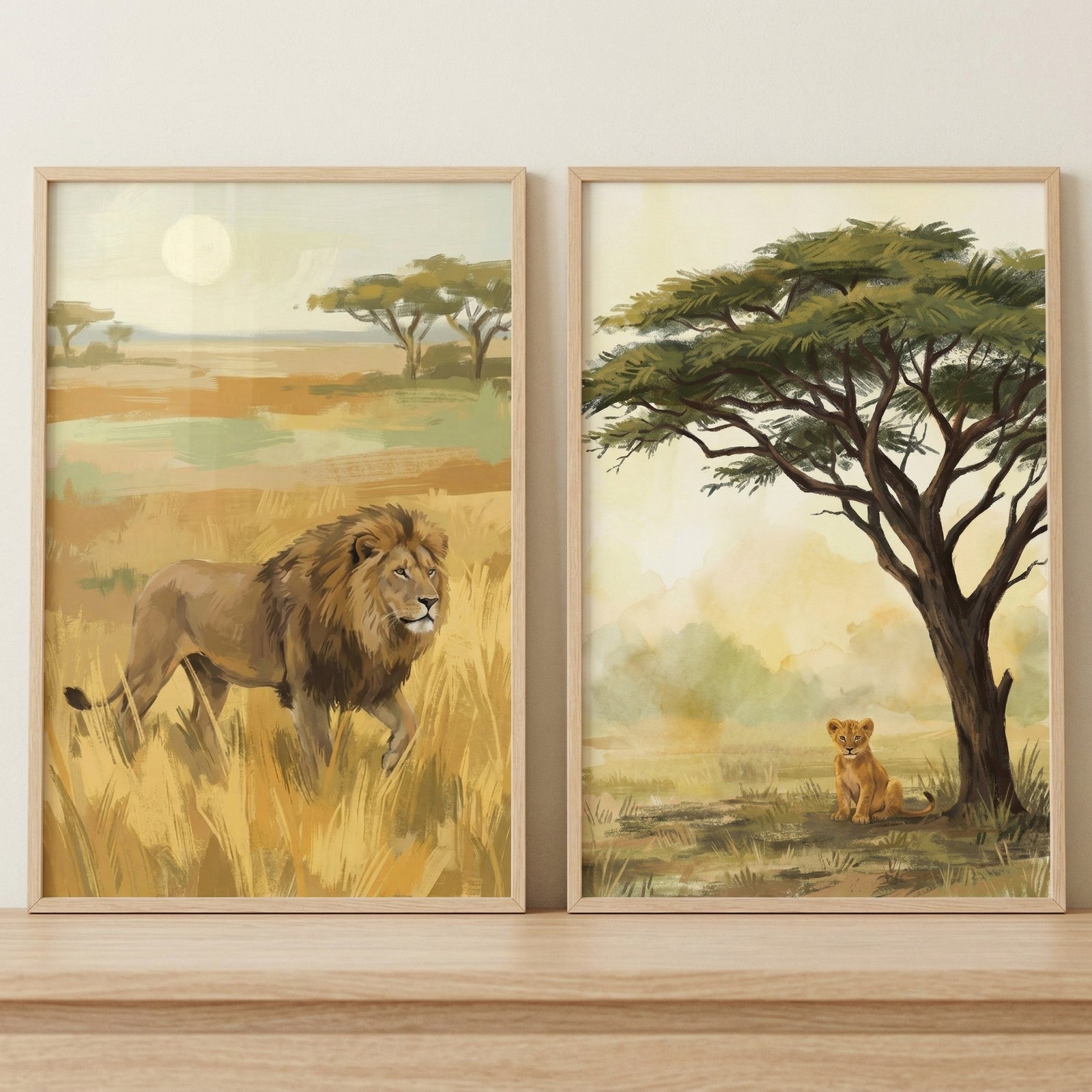 Painterly safari lion wall art set of 2 with a male lion in savanna grass and a lion cub under a large acacia tree.