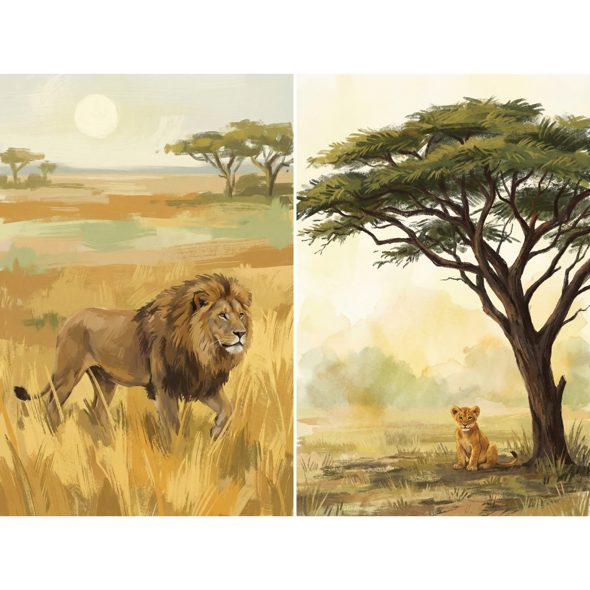 Painterly Safari Lion Wall Art Set of 2 - Majestic Savanna Lions