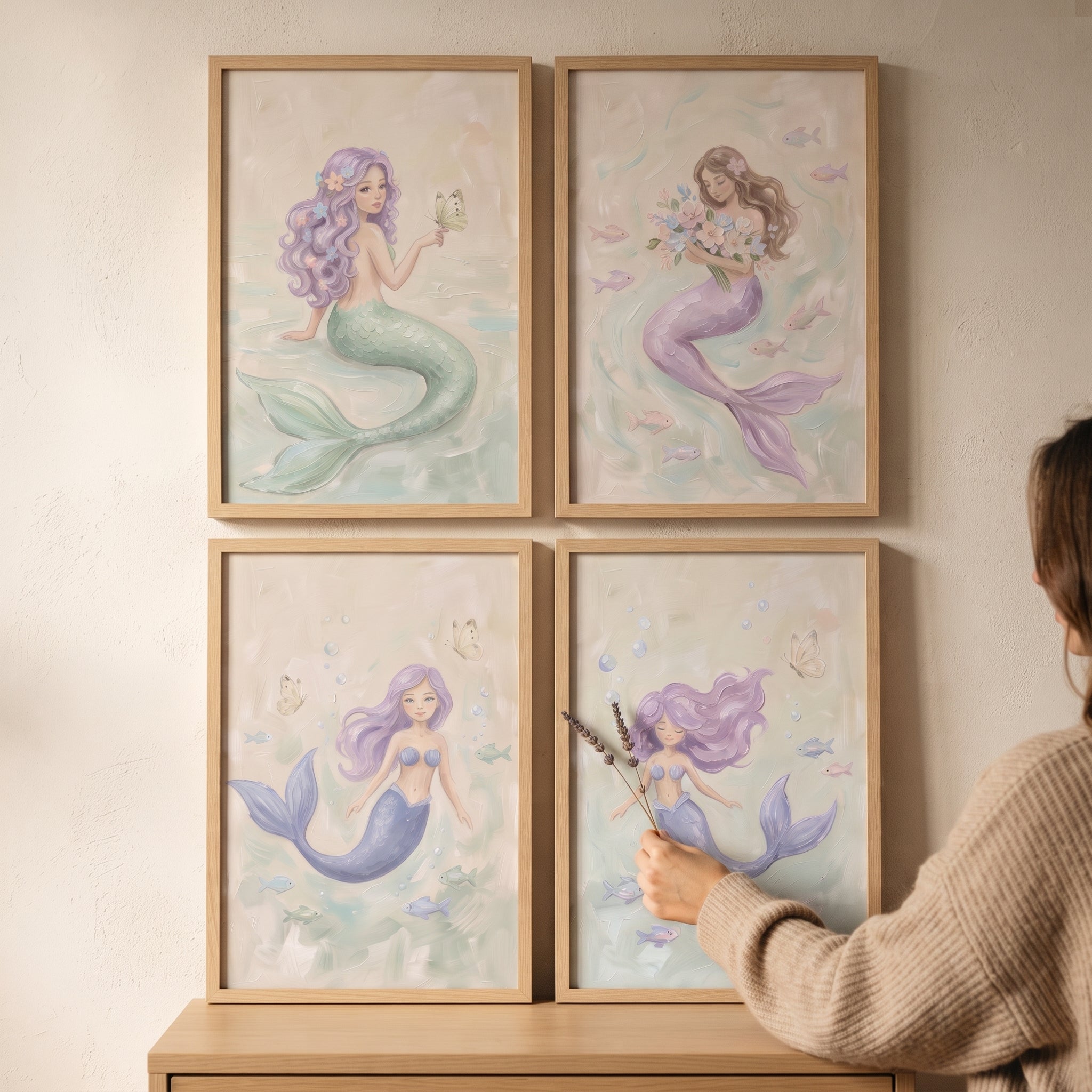 Painterly Soft Pastel Mermaid Wall Art Set of 4 - Enchanted Ocean Magic