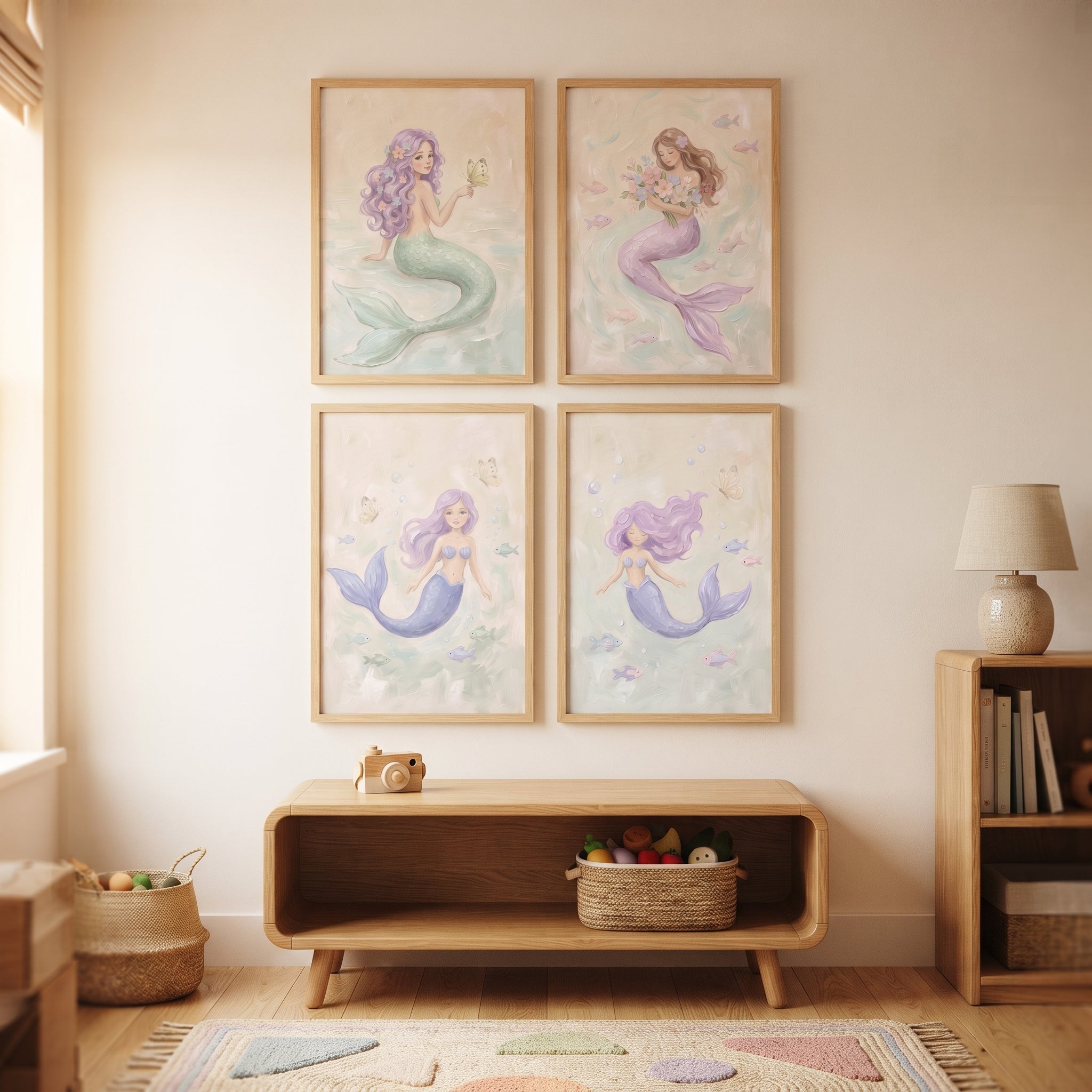 Painterly Soft Pastel Mermaid Wall Art Set of 4 - Enchanted Ocean Magic