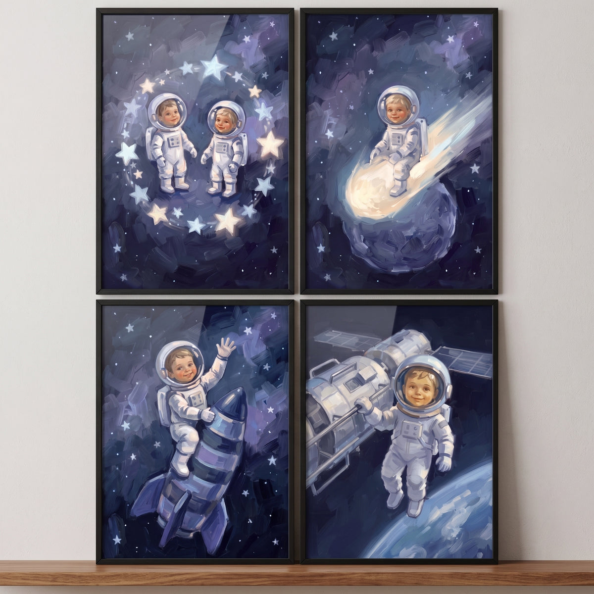 Painterly style little astronaut wall art set of 4 featuring children in space suits with rockets, comets, and stars.