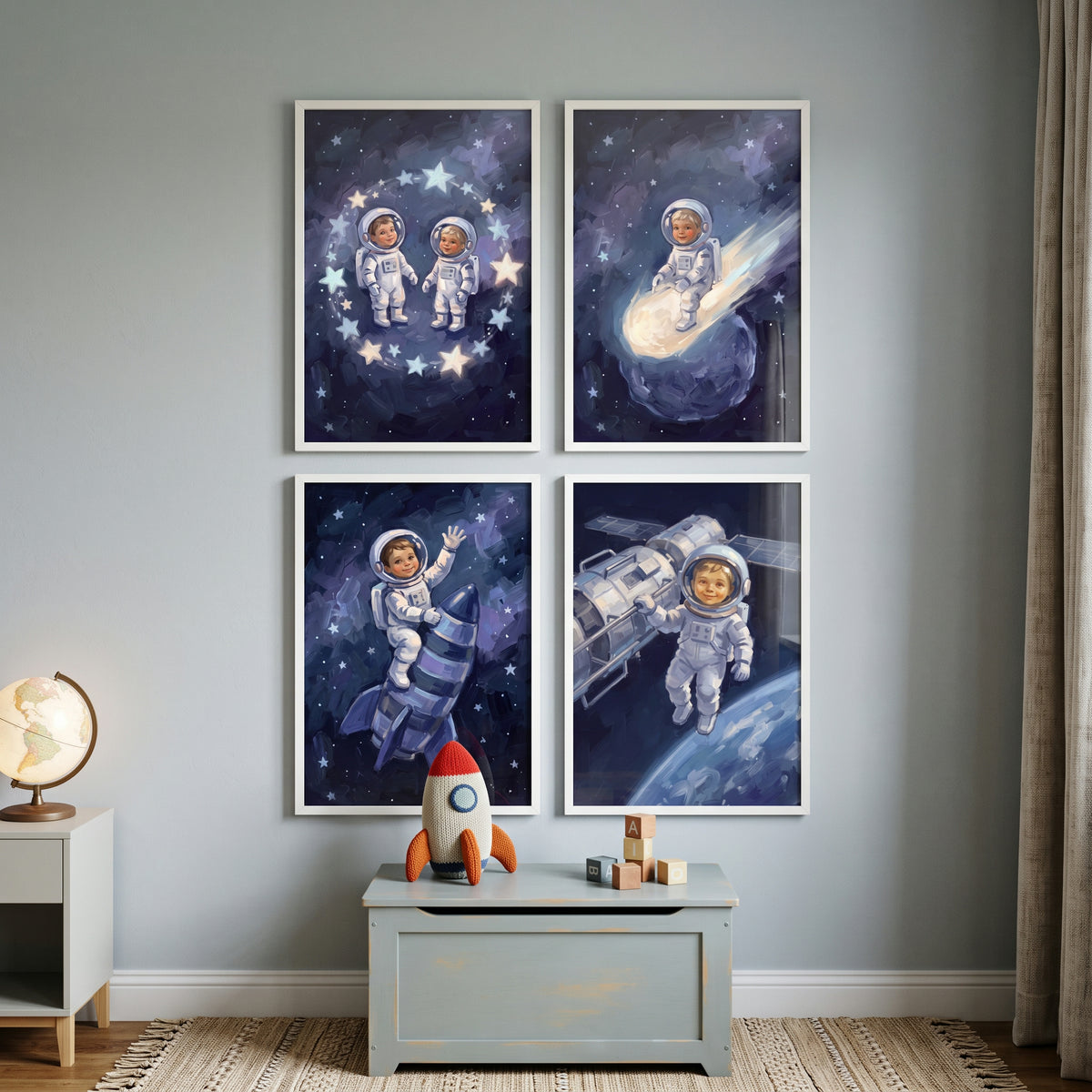 Painterly Style Little Astronaut Wall Art Set of 4 - Little Star Voyagers