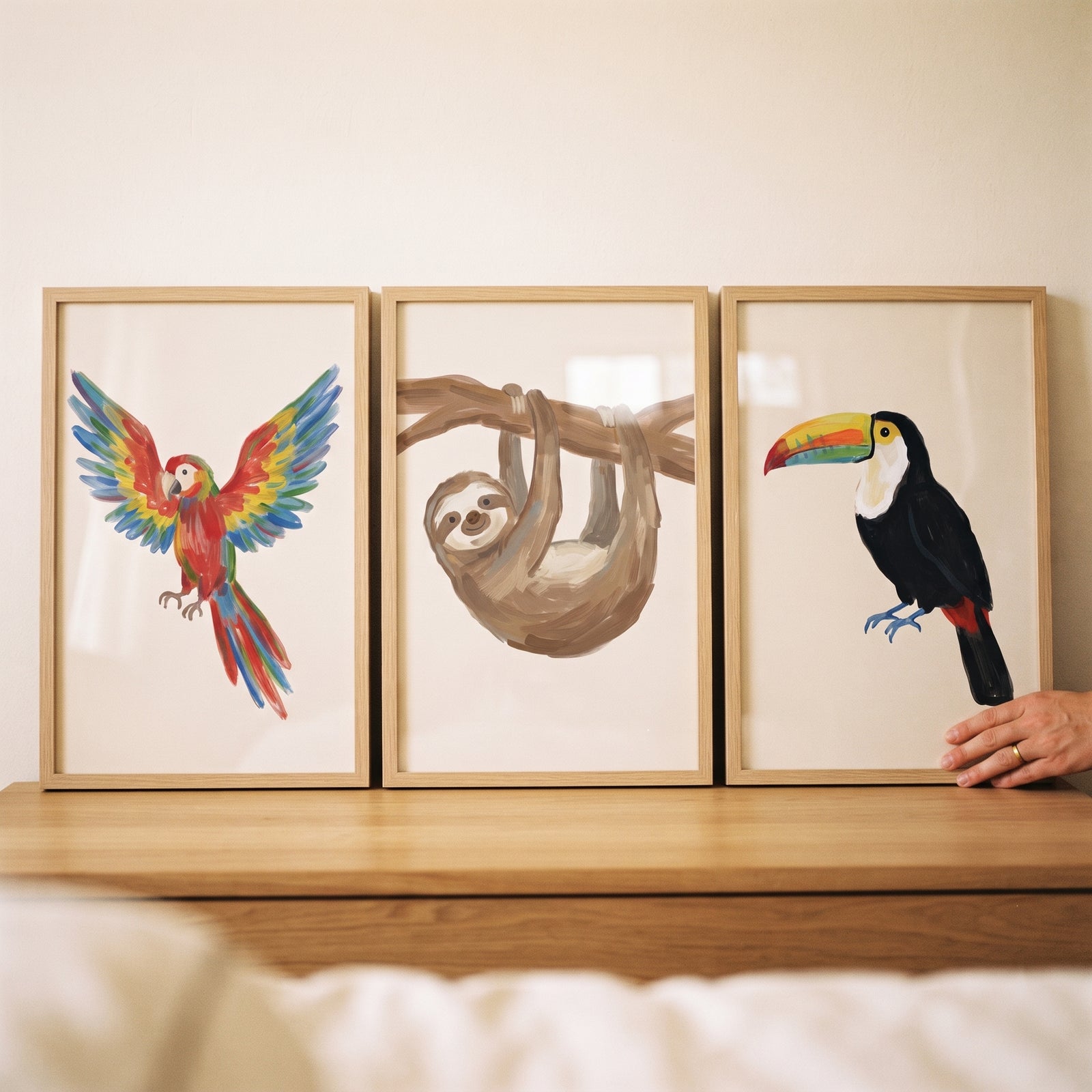 Painterly tropical animals wall art set of 3 featuring a macaw, a sloth, and a toucan in light wood frames.