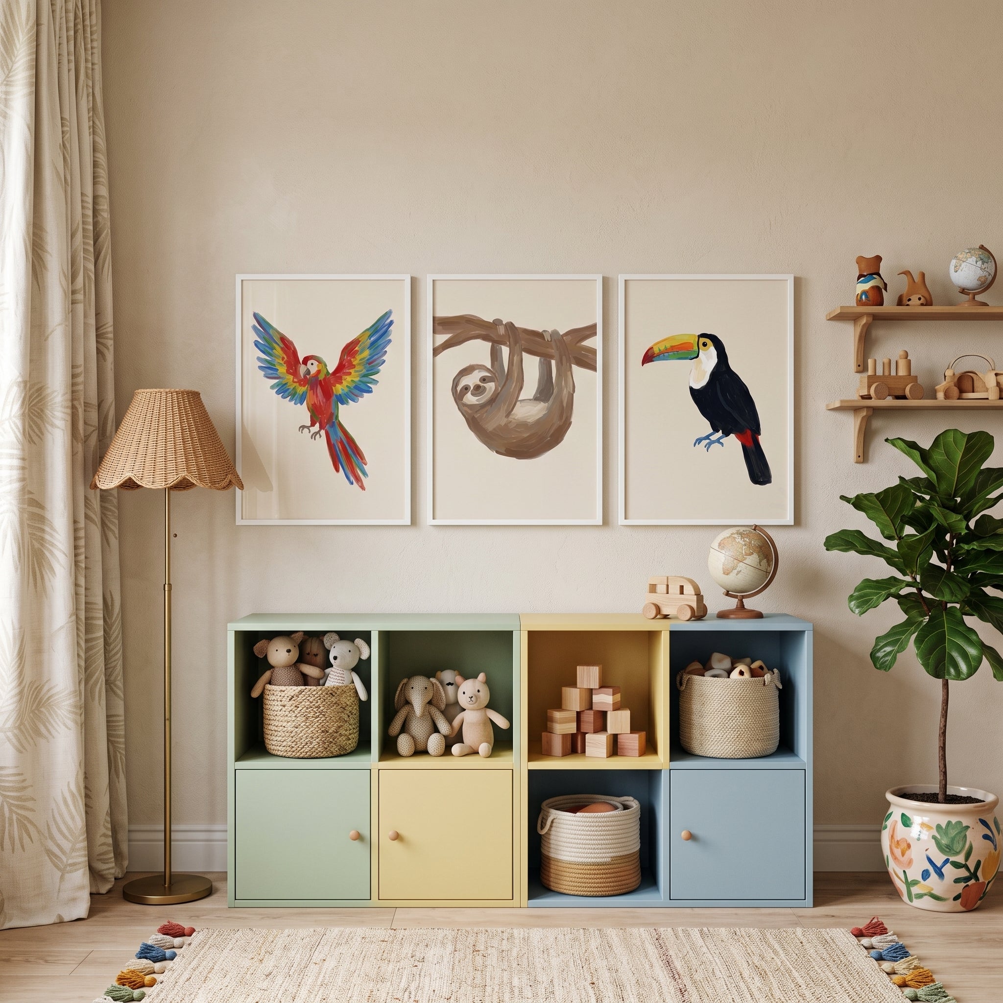 Painterly Tropical Animals Wall Art Set of 3 - Tropical Wildlife Trio