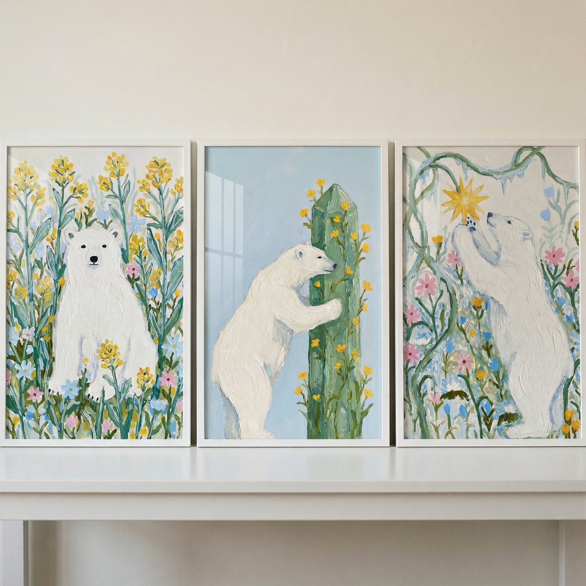 Painterly Wildflower Polar Bear Wall Art Set of 3 - Arctic Garden Tale
