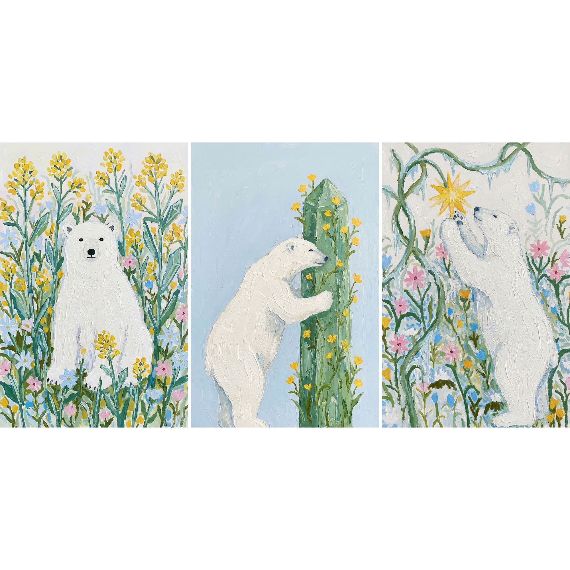 Painterly Wildflower Polar Bear Wall Art Set of 3 - Arctic Garden Tale
