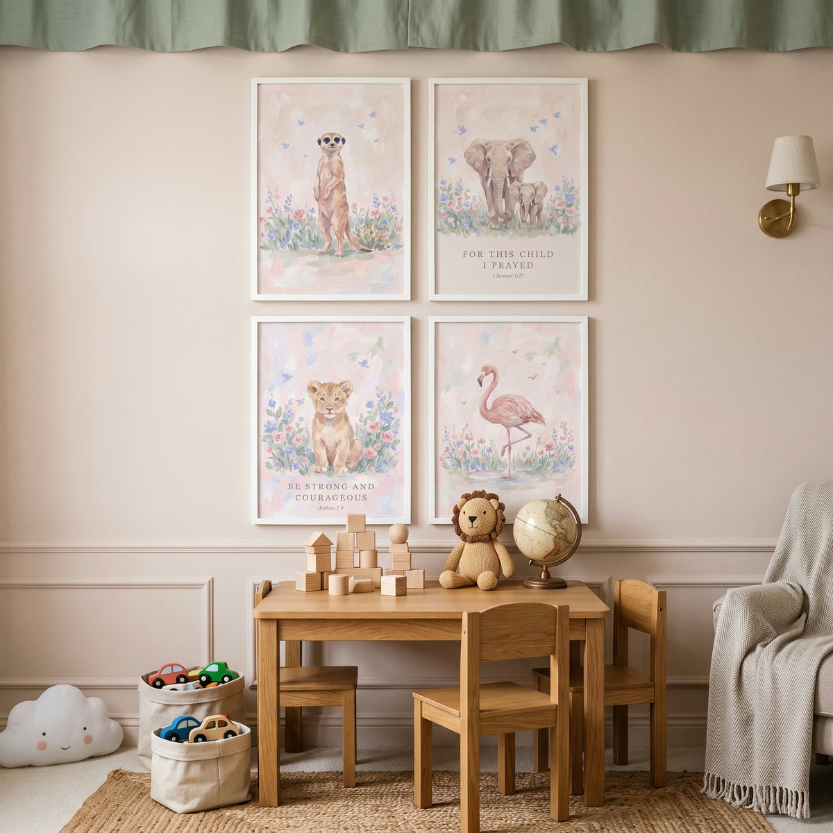 Painterly Wildflower Safari Animals Wall Art Set Of 4 - Safari Scripture Decor